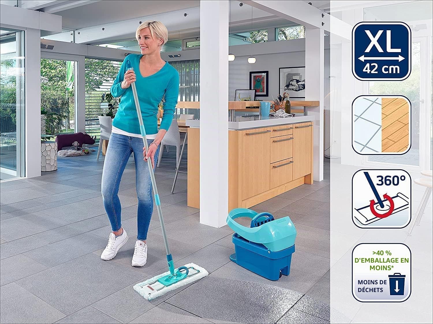 Leifheit Lave-Sol Profi XL Micro Duo Manche Acier, balai microfibre avec housse lavable et manche de 146 cm, balai à plat, accessoire ménage pour sols carrelés et stratifiés, tête 360 degrés