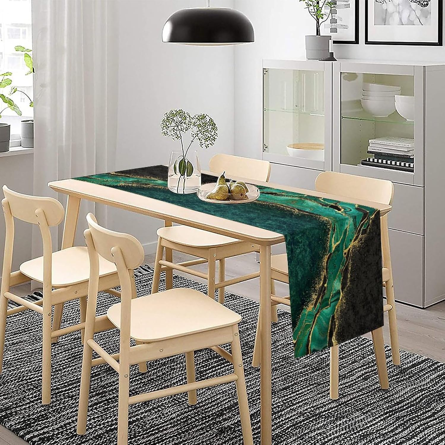 Marble Table Runner, Green Black Gold Marbling Texture Modern Abstract Dining Table Decor for Daily 13x120 Inch
