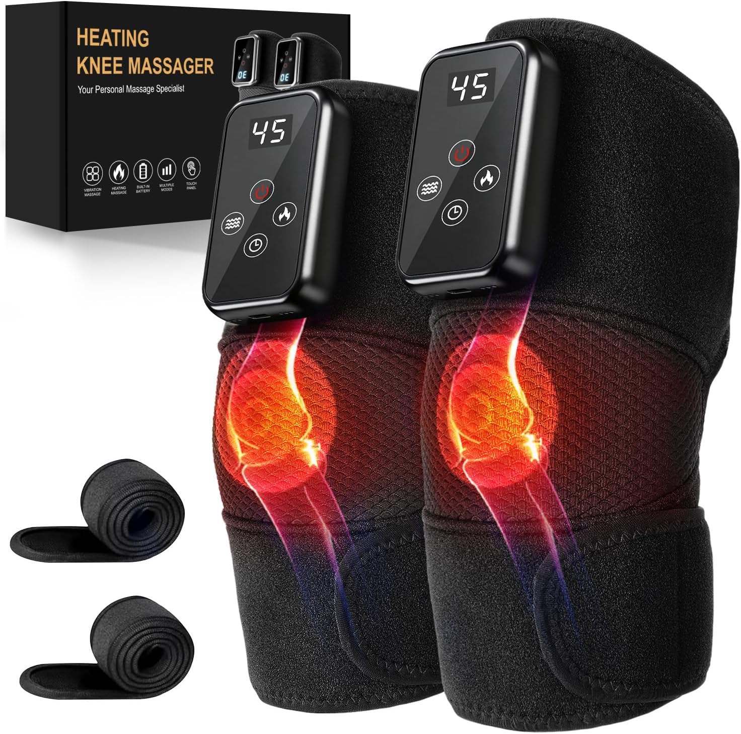 Cordless Knee Massager with Heating Electric Massage Knee Brace [2026 Upgraded] with Fleece Lining for Knee,Shoulder,Elbow,6 Heat Levels & 9 Vibration,Gifts for Men Women（Black, Pair）