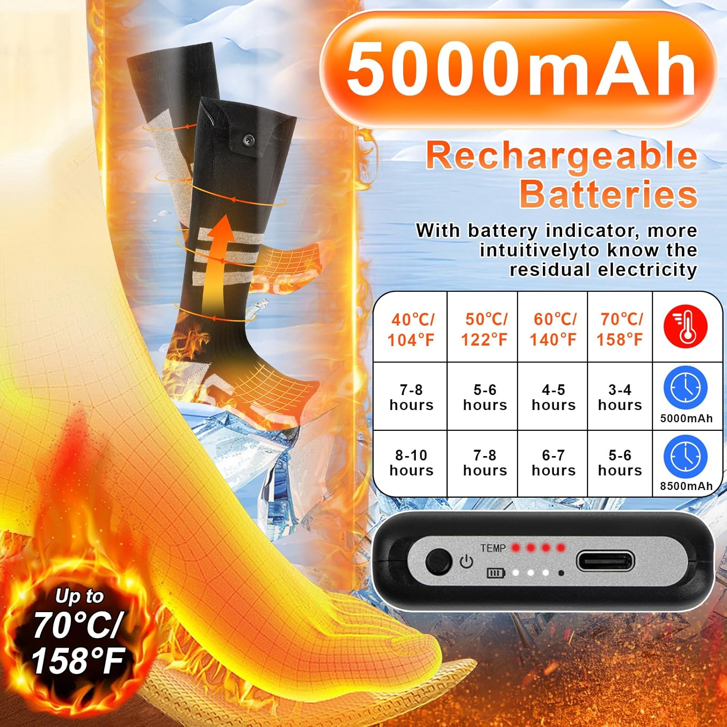Heated Socks for Men Women Rechargeable: Improved Heated Socks 5000 mAh Battery Electric Thermal Clothing Chauffant Pour Femme