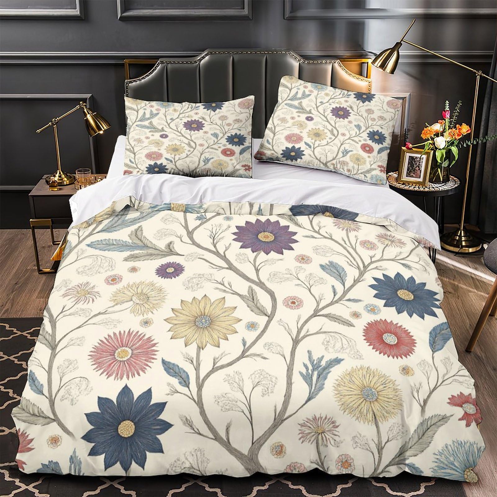 Drap de couette motif floral imprimé 3D avec parure de lit microfibre 140x200cm pour adulte