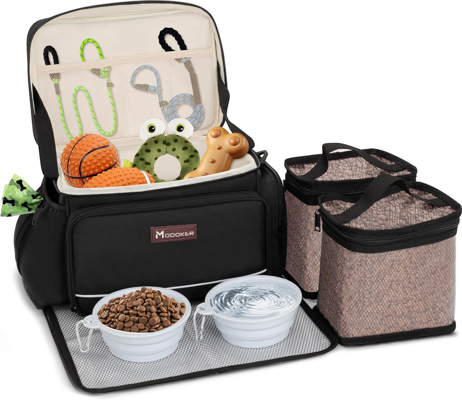 Modoker Dog Travel Bag Airline Approved Pet Cat Tote Organizer for Weekend Trips, 2 Bowls, 2 Food Containers & Feeding Mat