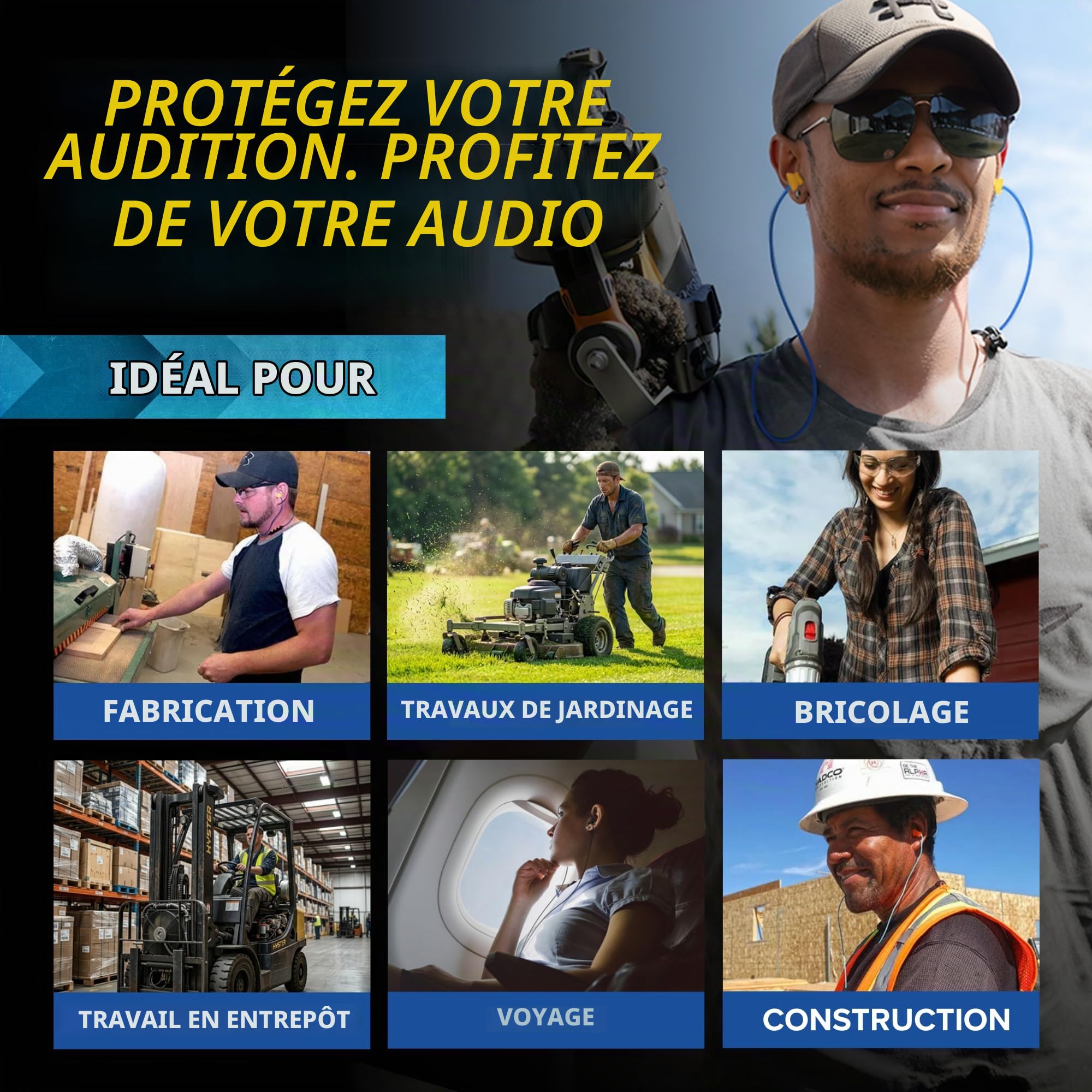 Plugfones Liberate 2.0 Écouteurs Intra-Auriculaires Bluetooth sans Fil - 29NRR - Réduction du Bruit - Microphone et Commandes à Isolation phonique (Bleu et Jaune)