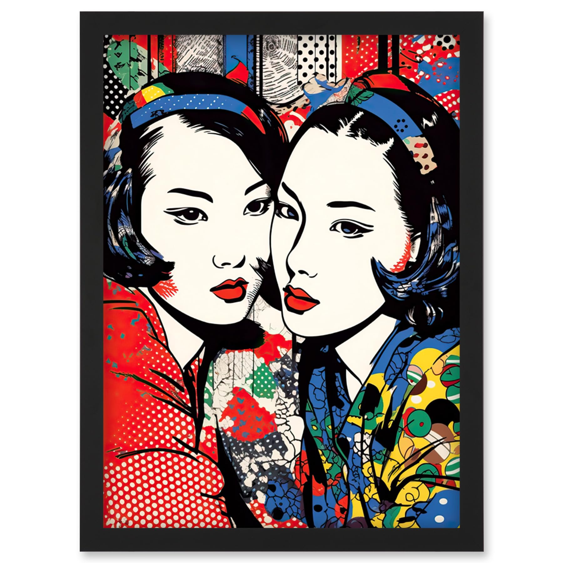 Artery8 Gay Japan Women Linocut Vibrant Geometric Patterns LGBTQ Pan Portrait Halftone Artwork Framed Wall Art Print A4