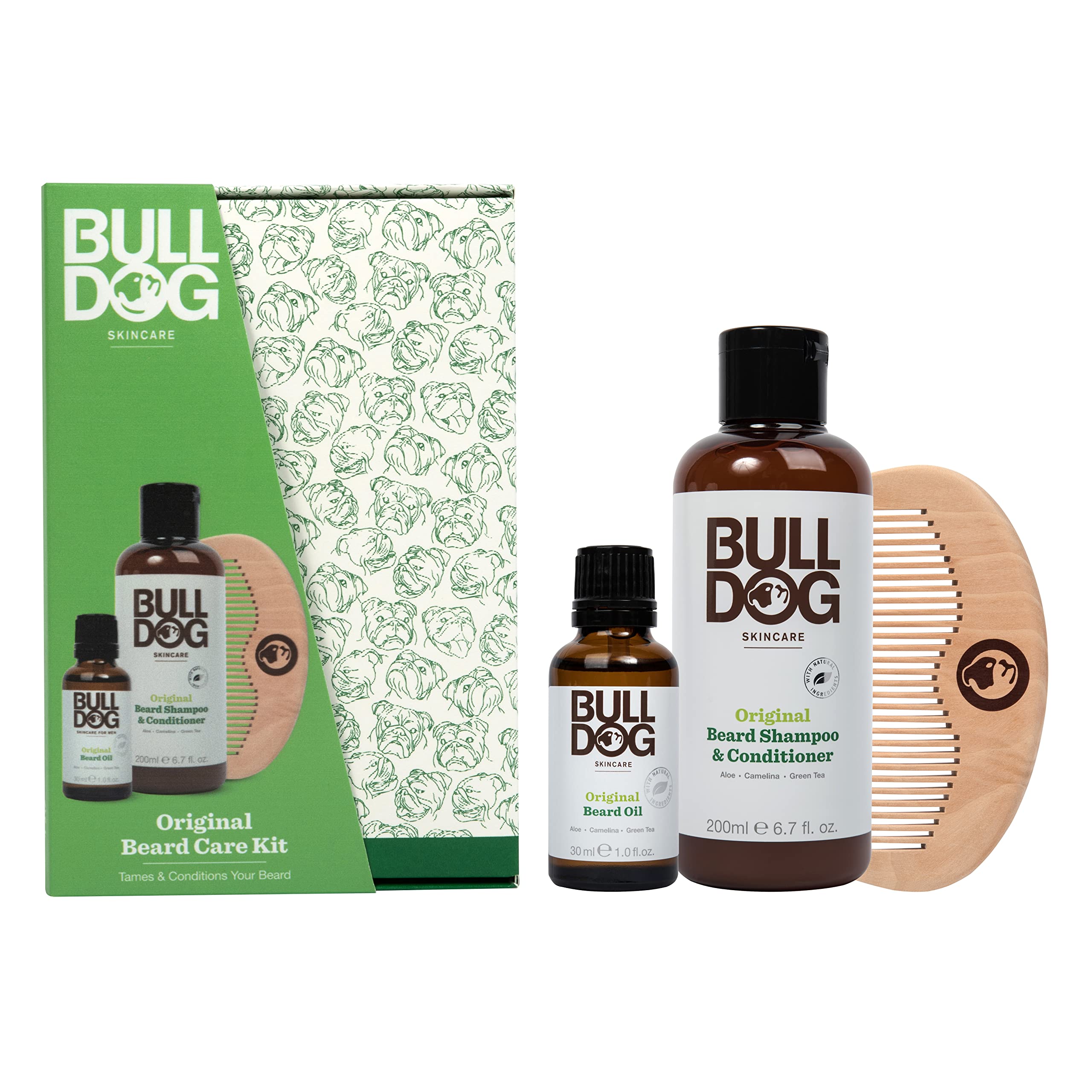 BULLDOG Bulldog Skincare - Kit original para el cuidado de la barba, set de regalo para hombres, aroma original, (x1 champú y acondicionador para barba original de 200 ml, x1 aceite para barba
