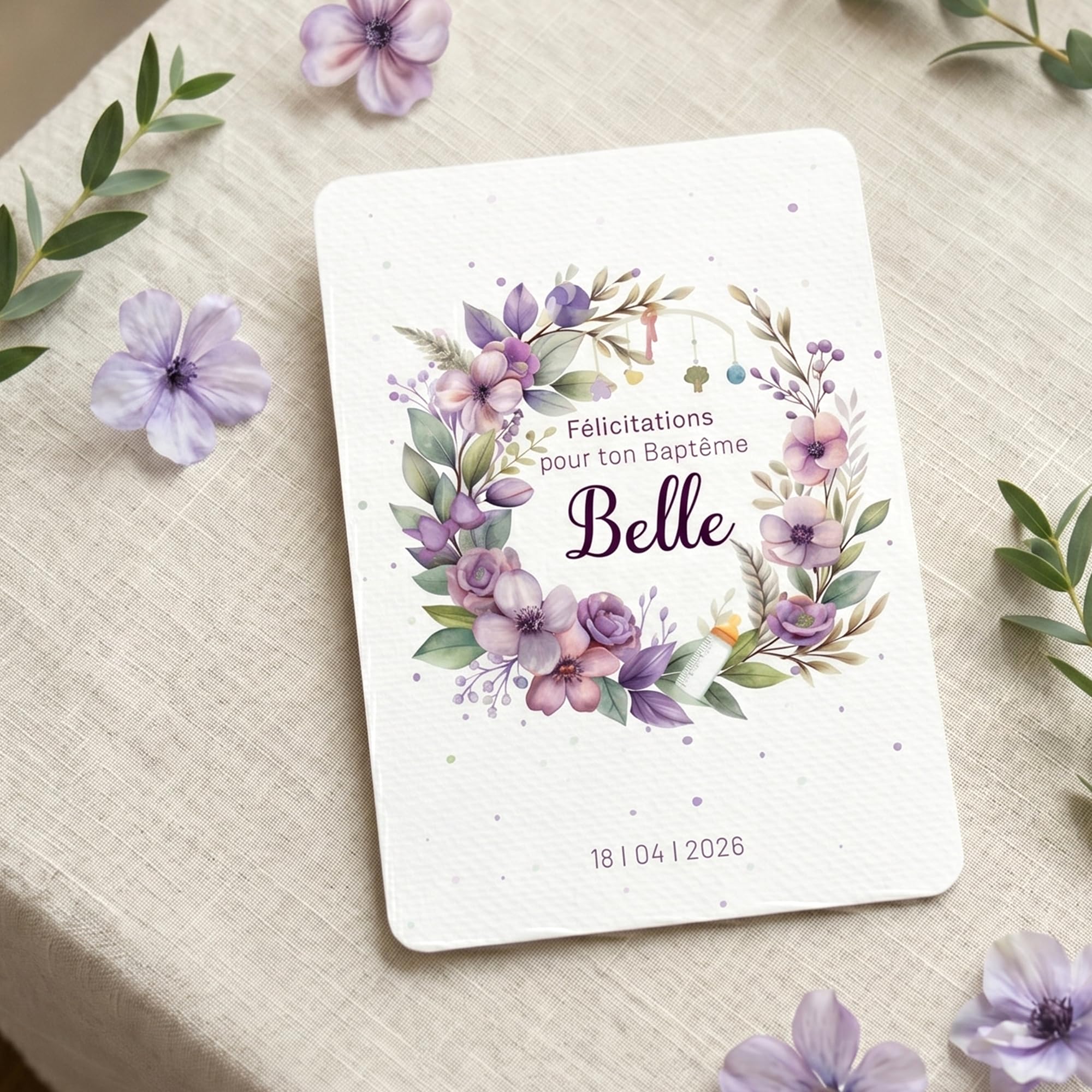Carte félicitations baptême personnalisée, couronne fleurs, prénom, date, texte personnalisable, thème bleu garçon