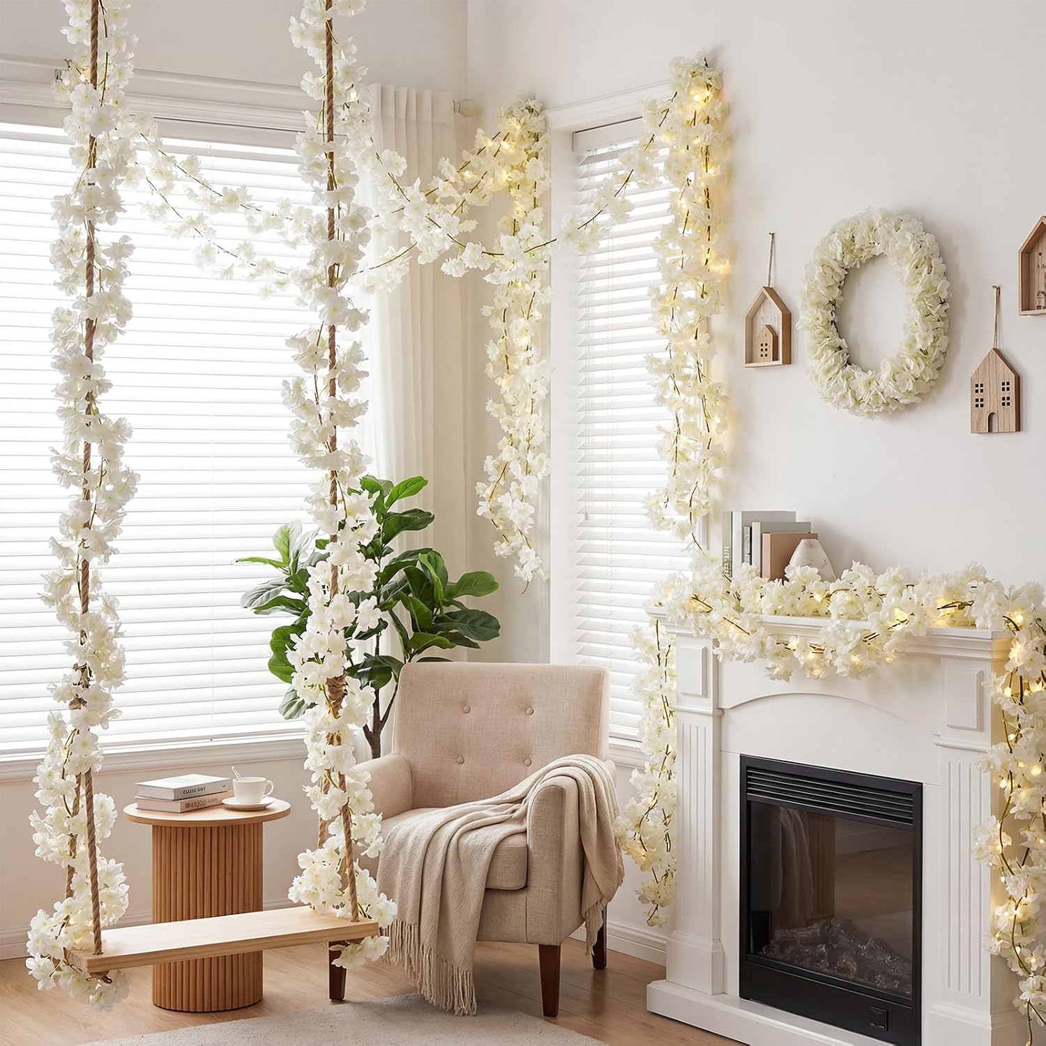8 PCS Cherry Blossom Garland Artificial Silk Flower Vine Hanging Floral Decor for Wedding Arch Party Home Garden Wall Decoration (White)