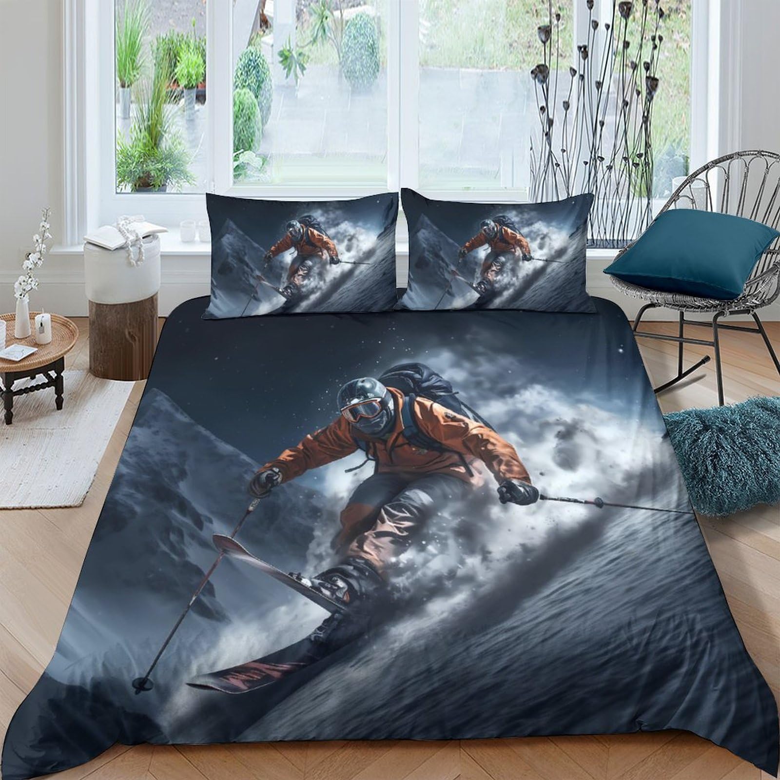 GPLZQXKJNH 3D Printed Skiing Adventure Duvet Cover Microfiber Soft Breathable Snow Sports Bedding Set with 2 Pillowcases for Bedroom Decor Single（135x200cm）