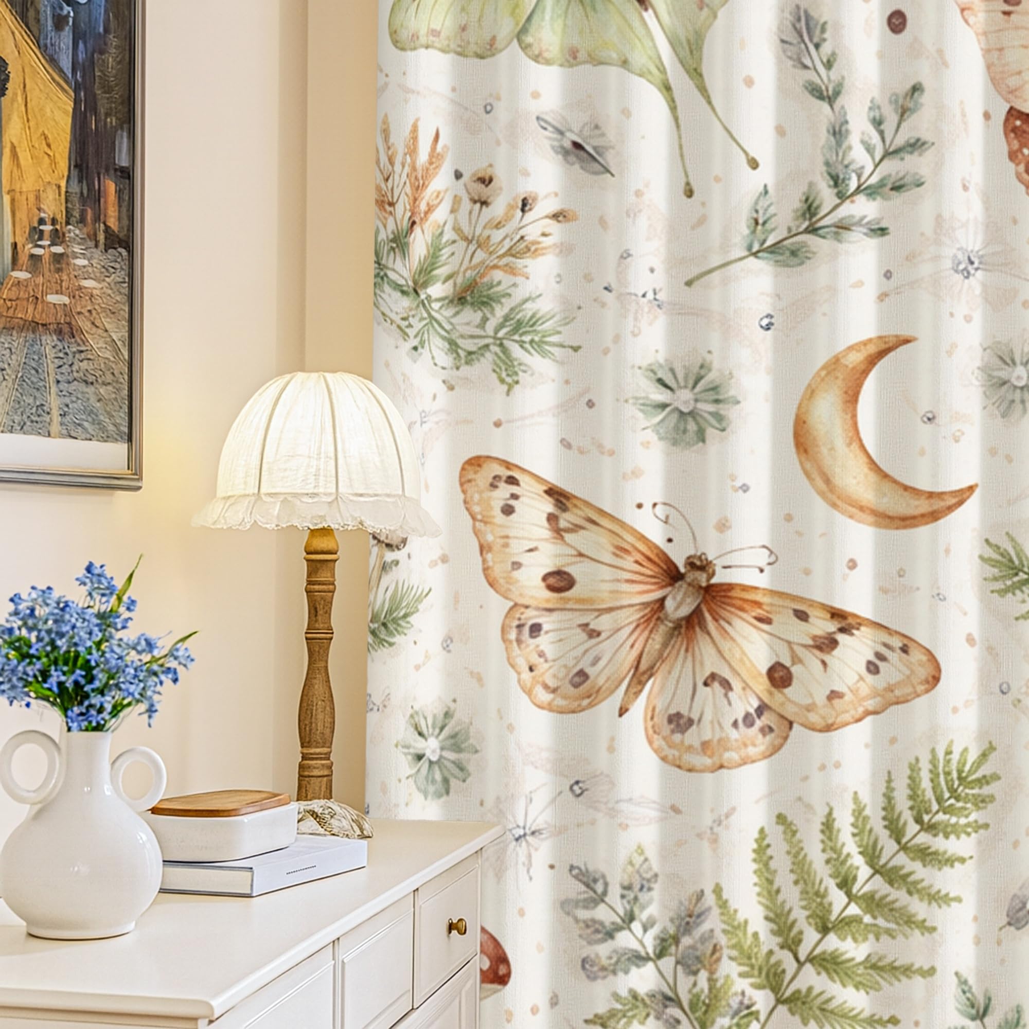 Rideaux occultants motif papillon champignon fantaisie rideaux fenêtre infroissables vert