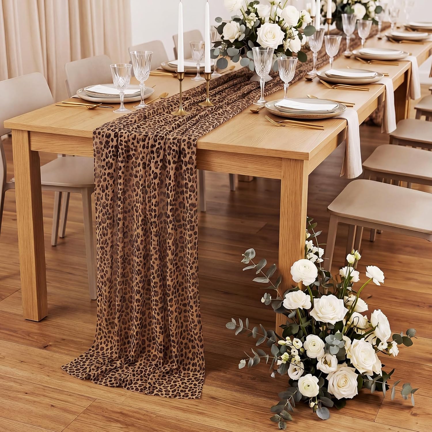 6 Pcs Leopard Table Runner Cheetah Print Polyester Fabric,Brown