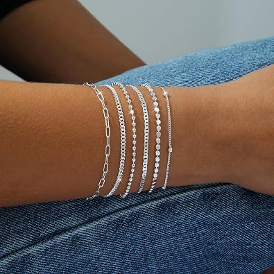 Gold Bracelets for Women,14K Gold/Silver Stackable Bracelet Stack