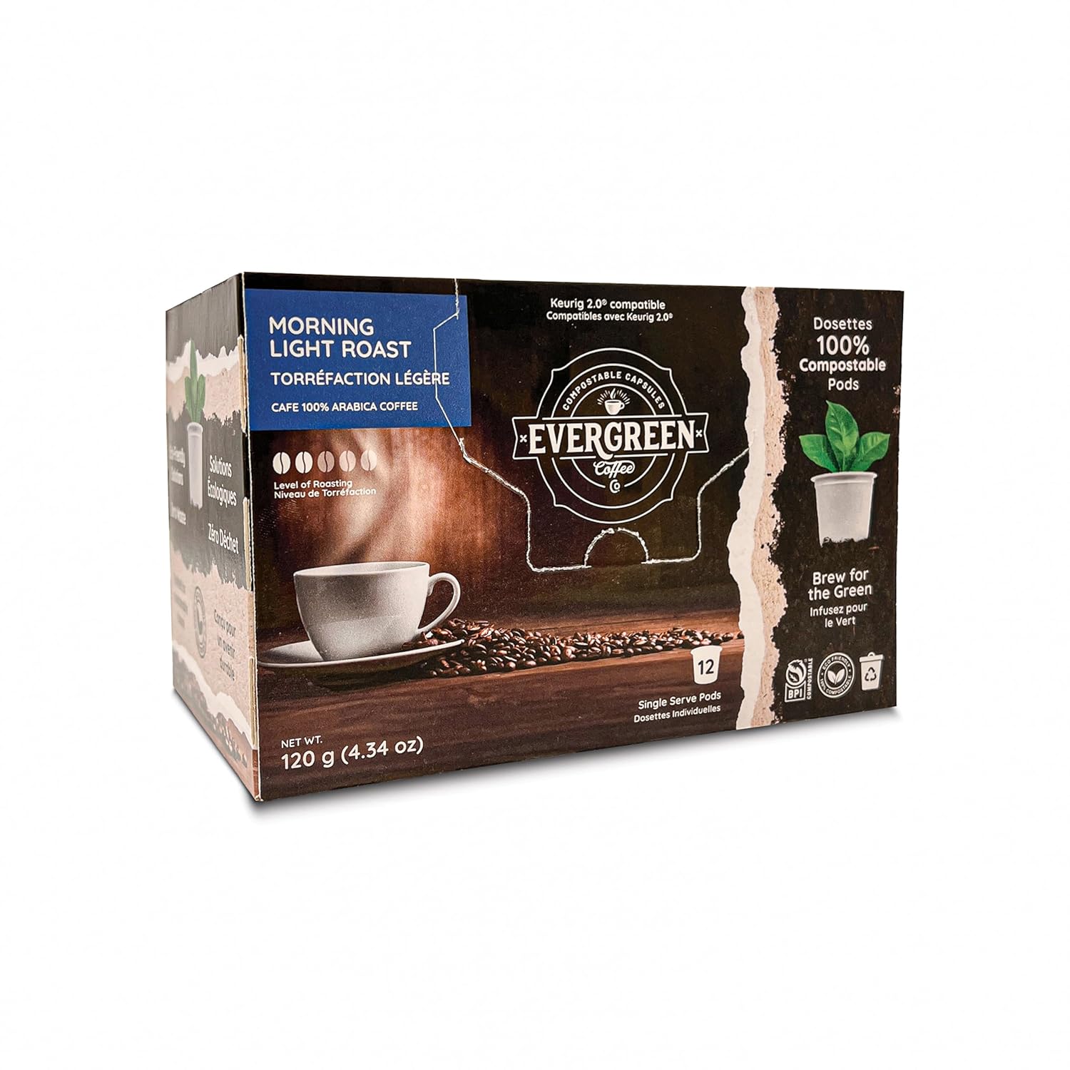 Evergreen Compostable Single Serve Coffee Pods - Dark Roast Bold Blend - 100% Arabica Beans (72 Count)