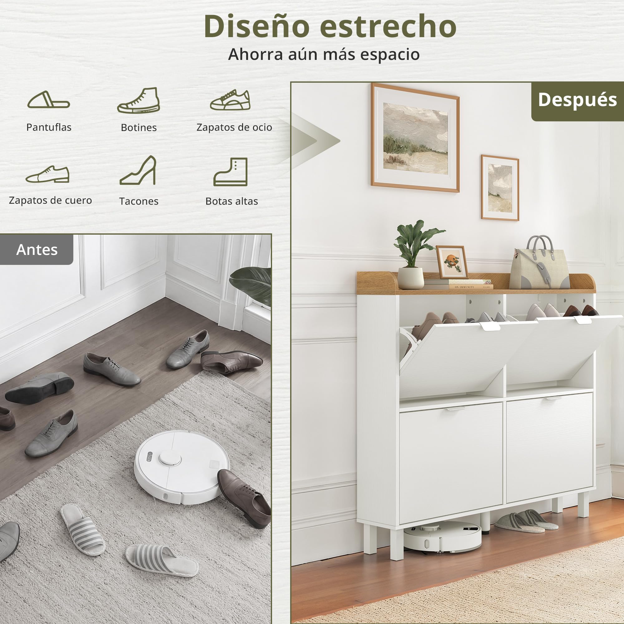 LUE BONA Zapatero, Zapatero Estrecho con 4 Tapas Abatibles, Gabinete Abatible con Base de Madera, Gabinete Cerrado Adecuado para Entrada y Pasillo 100x19x91.5 cm, Blanco.