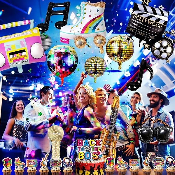 Discos Années 80 PartySet Déco, Discothèque Rétro Décoration Thème, Fête Discos Hommes et Femmes, Déco Rock Thème Ballon Disco, deco Disco Party, Adultes Deco Fête (Décoration Années 80 Kit) - 2