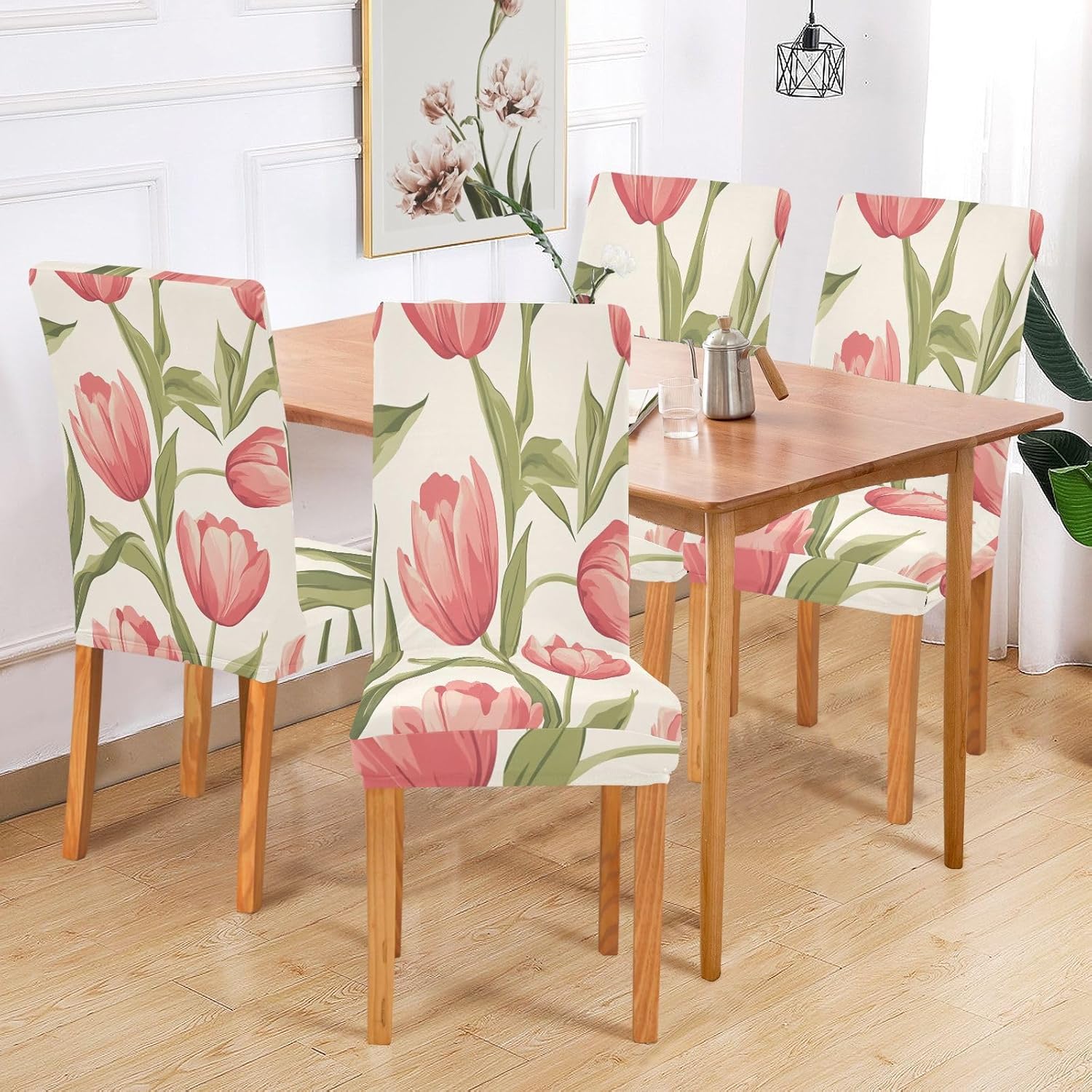 ALAZA Chair Covers for Dining Room, Elegant Flower Pink Tulips Stretch Chair Cover Sets Chair Protector Removable Washable for Ktichen Restaurant Hotel