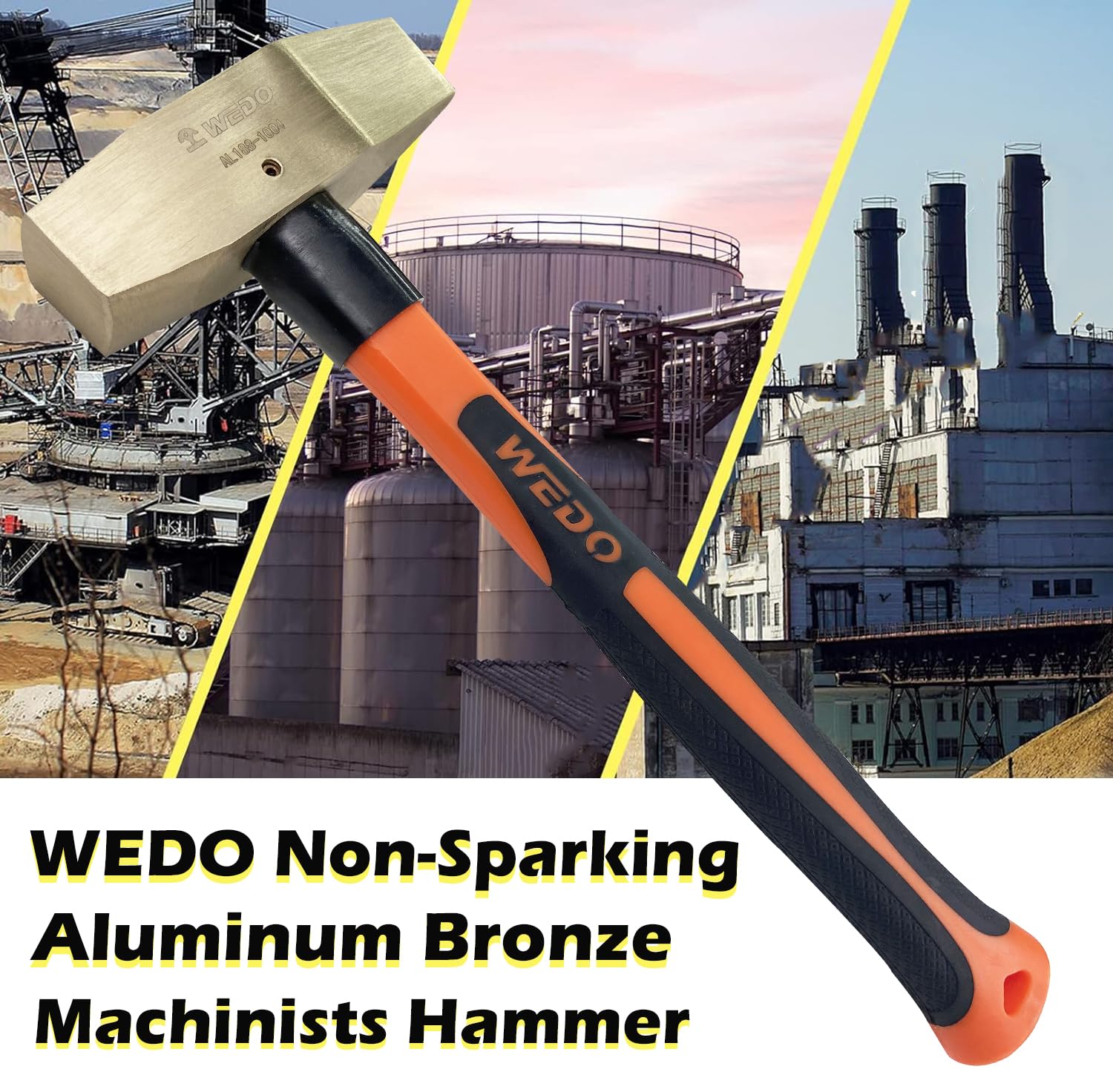 WEDO Martillo de maquinistas,martillo de punta cruzada que no chispa,bronce de aluminio,mango de fibra deVidrio,cabeza de martillo de 450g,longitud de 310mm,forjado a presión,BAM