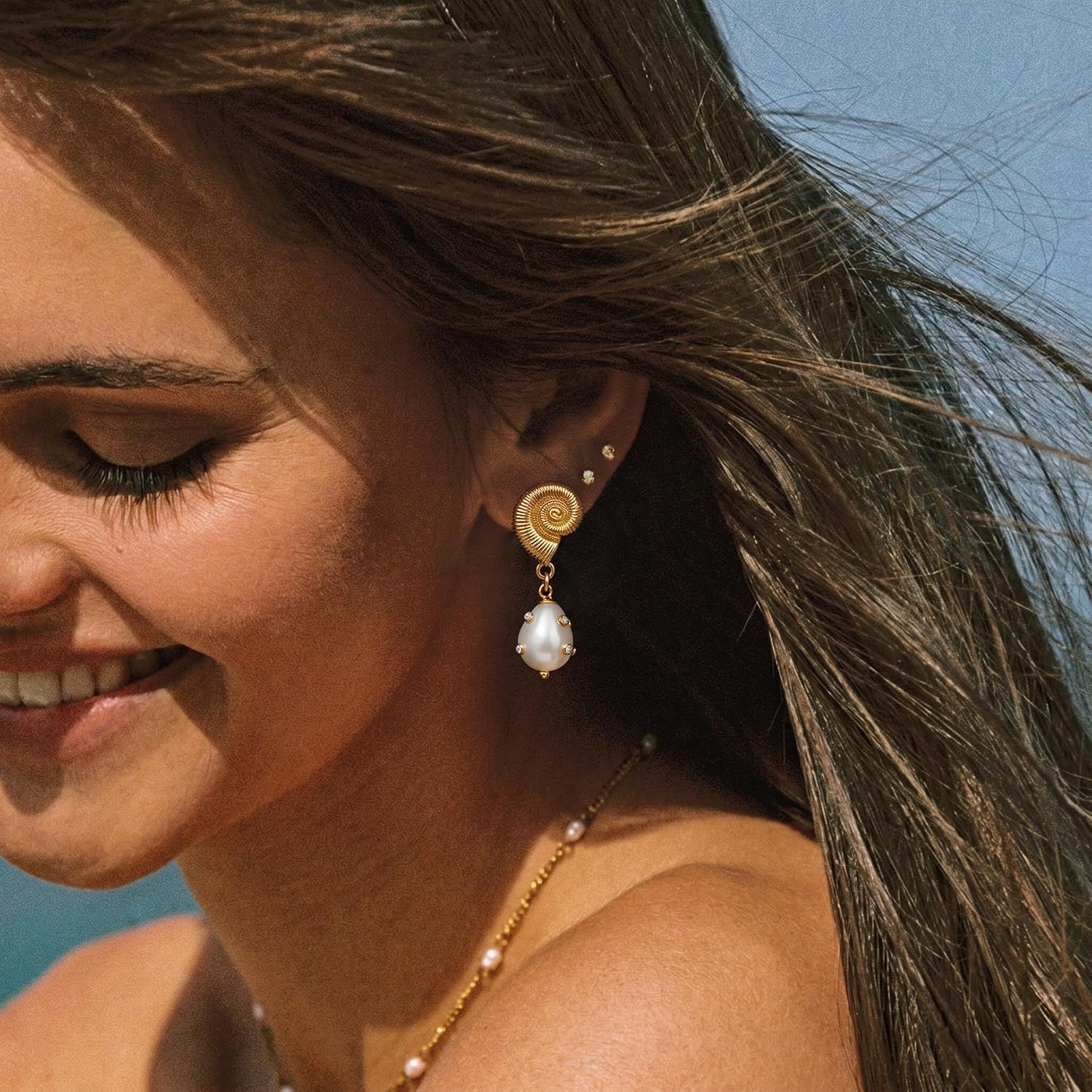 Ocean Design Earrings for Women - 14K Gold Plated Pearl/Turquoise/Zirconia Summer Beach Earrings, Gold Dangle Drop Hypoallergenic Jewelry, Womens Summer Beach Jewelry Gifts