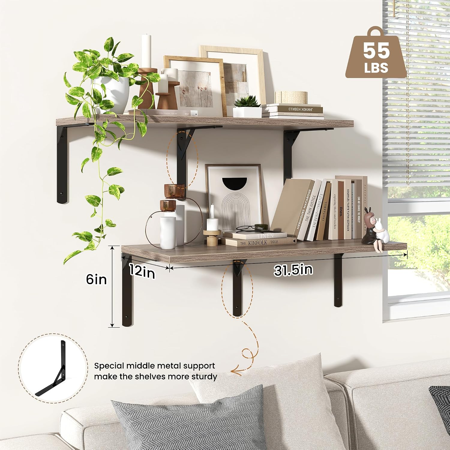 Fun Memories Floating Shelves for Wall, 12 Inch Deep Floating Shelves Set of 2, Wall Mounted Shelf with Metal Brackets, Rustic Wood Wide Shelf for Bathroom, Kitchen and Living Room, Grey, 32W x 12D image 4
