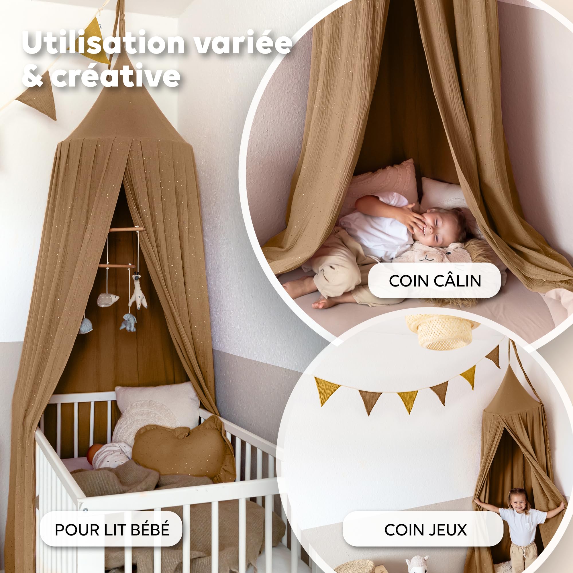 lilimaus Ciel de Lit Bébé Baldaquin Mousseline [Détails Dorés]