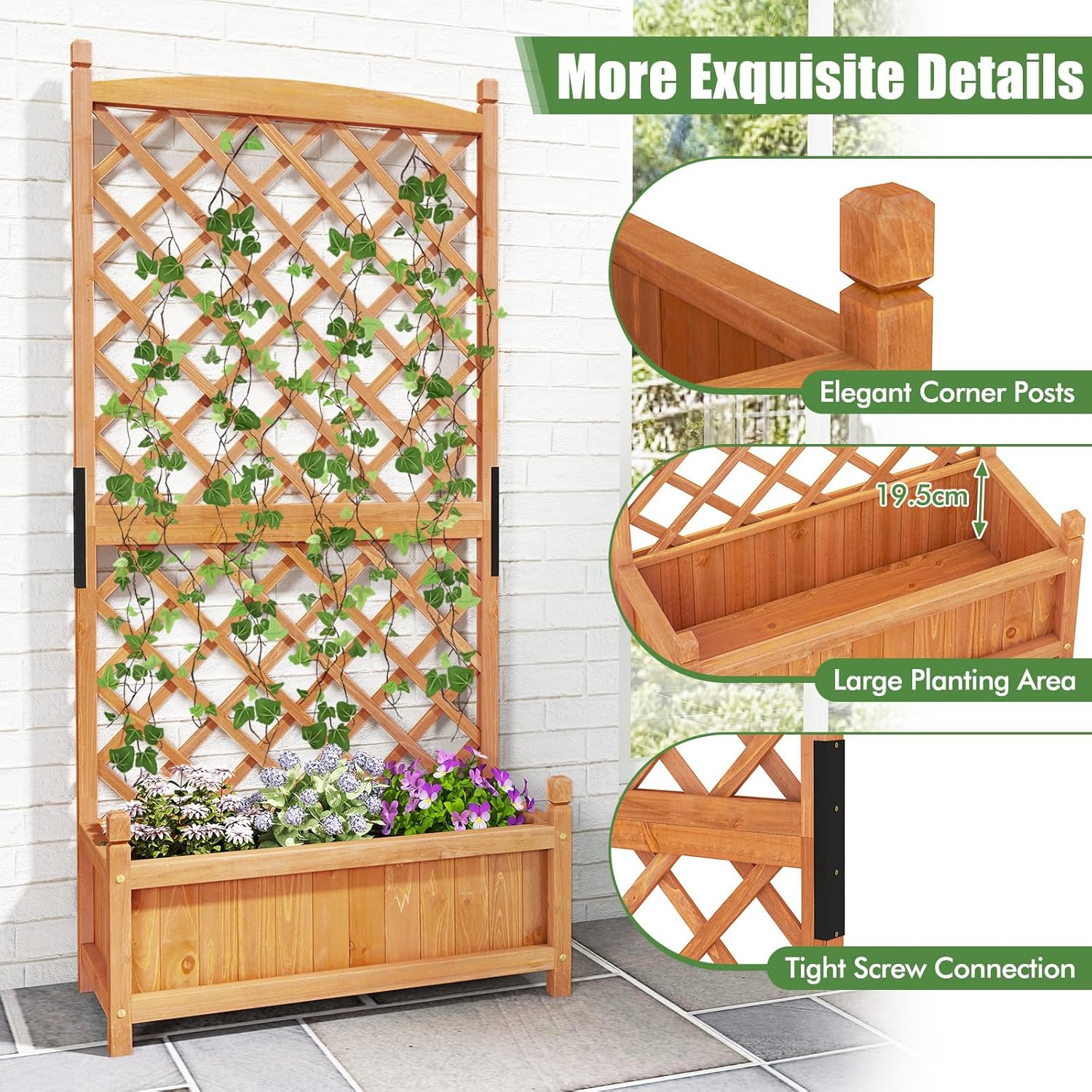 HAPPYGRILL Raised Garden Bed with Trellis, Large Planting Box w/Drainage Holes, 60” Wooden Garden Planter w/Diamond Lattice Trellis for Climbing Plants, Outdoor Planter Box for Patio (1, Orange)