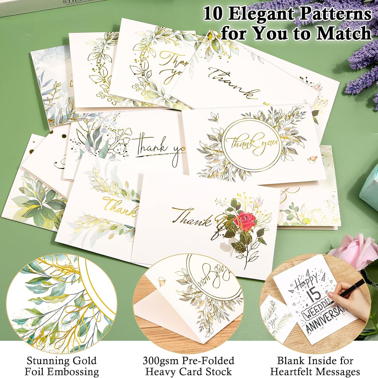 200 Pcs Luxurious Gold Thank You Cards with Envelopes Bulk, 10 Patterns 4x6 Inch Wedding Thank You Card with 10 Colors Envelopes, Greenery Blank Thank You Notes for Bridal Baby Shower Birthday Business