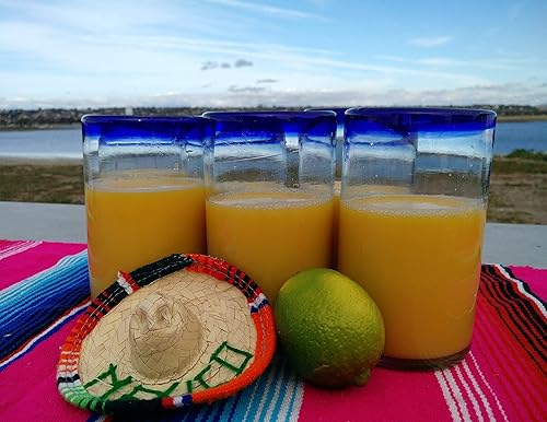 Miniatura 3 de Dos Sueños Vasos mexicanos soplados a mano, juego de 6 vasos con bordes azul cobalto (14 onzas cada uno)