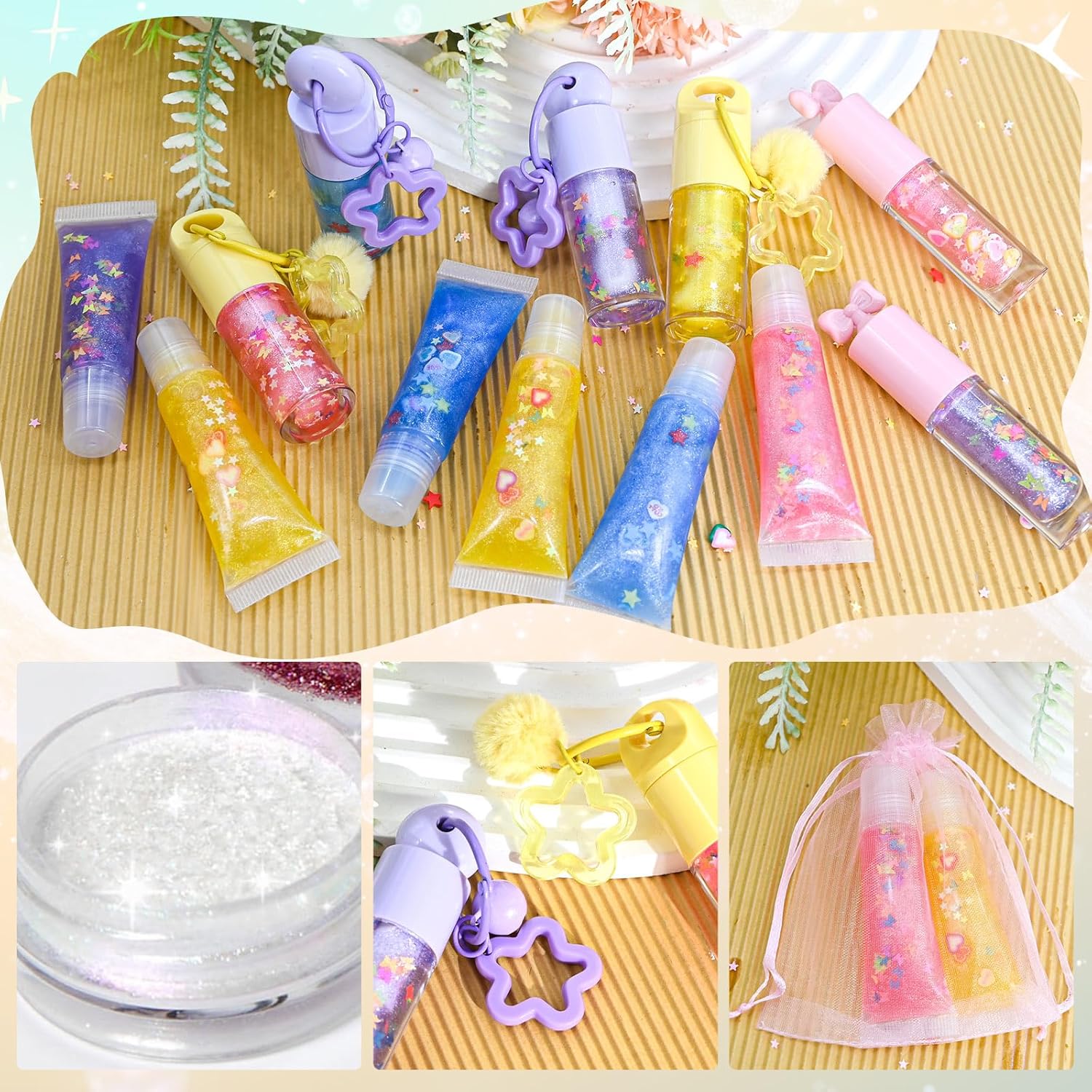 Jcoos Lip Gloss Making Kit, Lip Gloss Set for Women Lip Kit Fun DIY Lipgloss Making Kit, Make Your Own Lip Gloss Kit, Moisturizing Glitter Keychain Birthday Gifts Girls Trendy Stuff