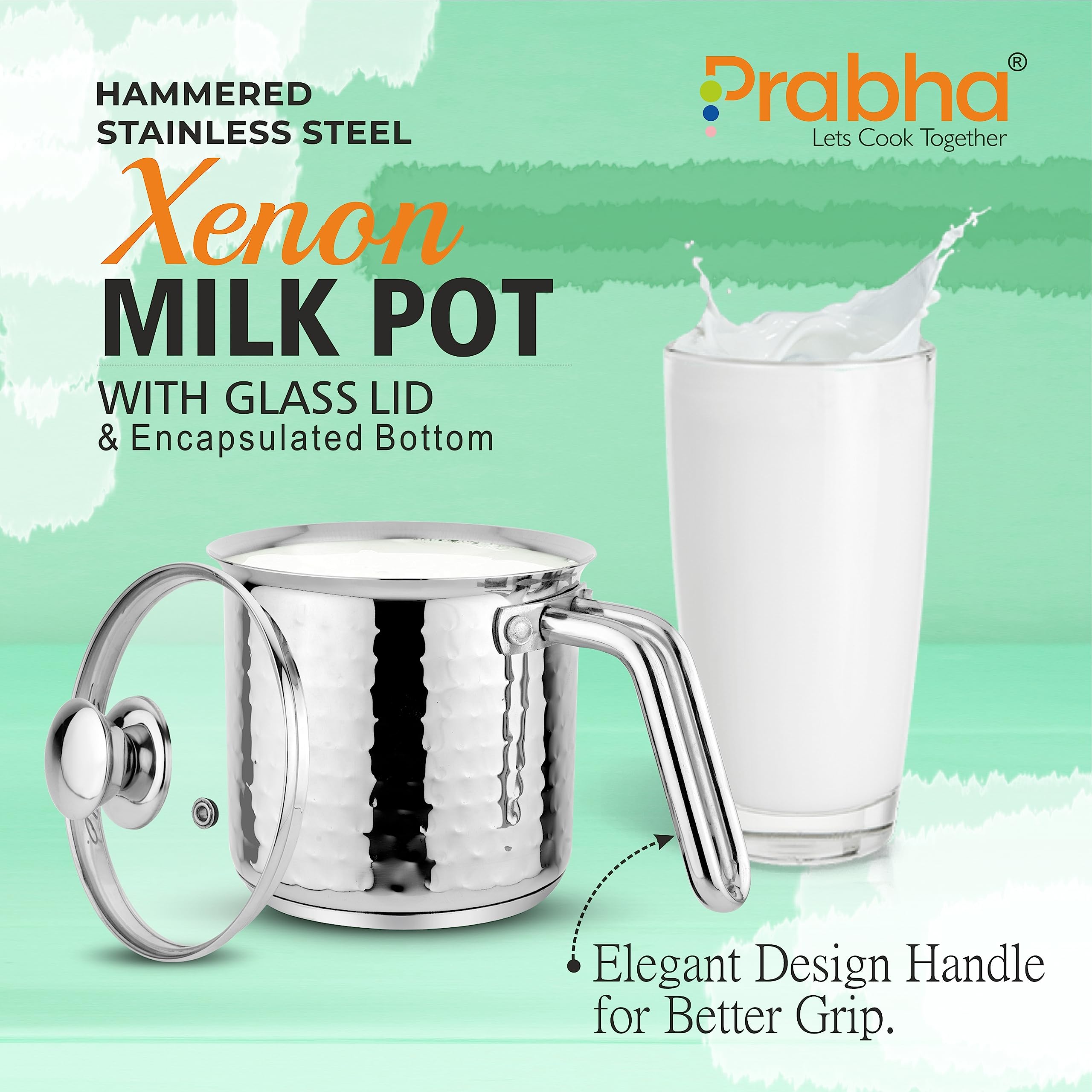Prabha Heavy Gauge Stainless Steel Hammered Milk Pot, Milk Boiler, Encapsulated Base, Compatible with Induction & Gas Stove, 11cm (1.1Litre), 14cm(1.8Litre), Glass Lid (Silver), Combo Set of 2Pcs Set - Image 9 thumbnail