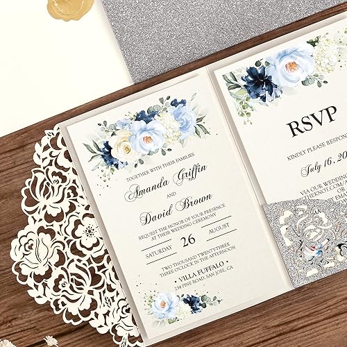 Miniatura 7 de DORIS HOME - 50 invitaciones de boda personalizadas cortadas con láser con sobres y tarjetas de confirmación, invitaciones de aniversario con