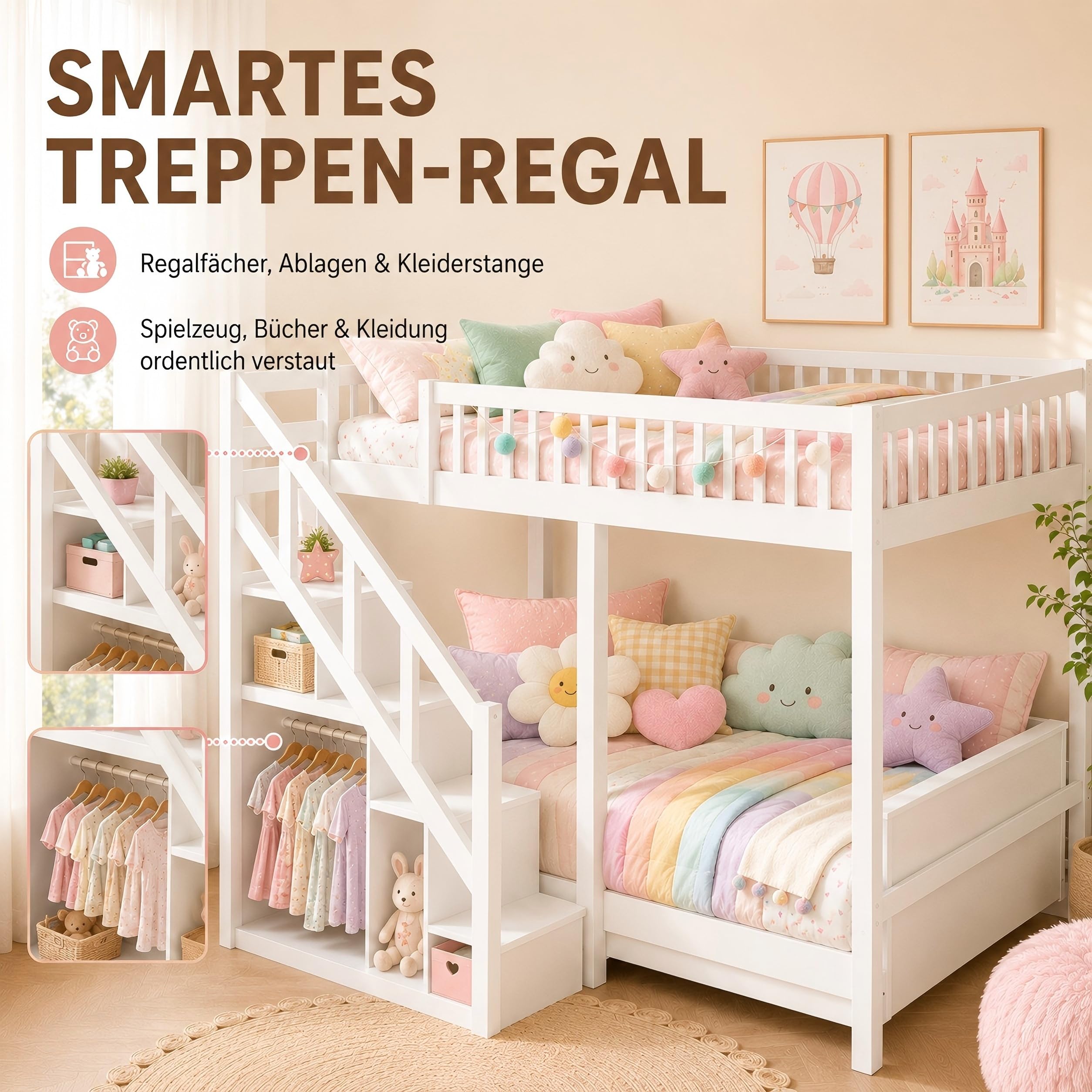 Hochbett 140x200 cm Weiß mit Treppe und Stauraum, Holzbett Kinderbett & Jugendbett mit Sternen-Rausfallschutz, Platzsparendes Etagenbett Spielbett für das Kinderzimmer, Inkl. Lattenrost, Ohne Matratze