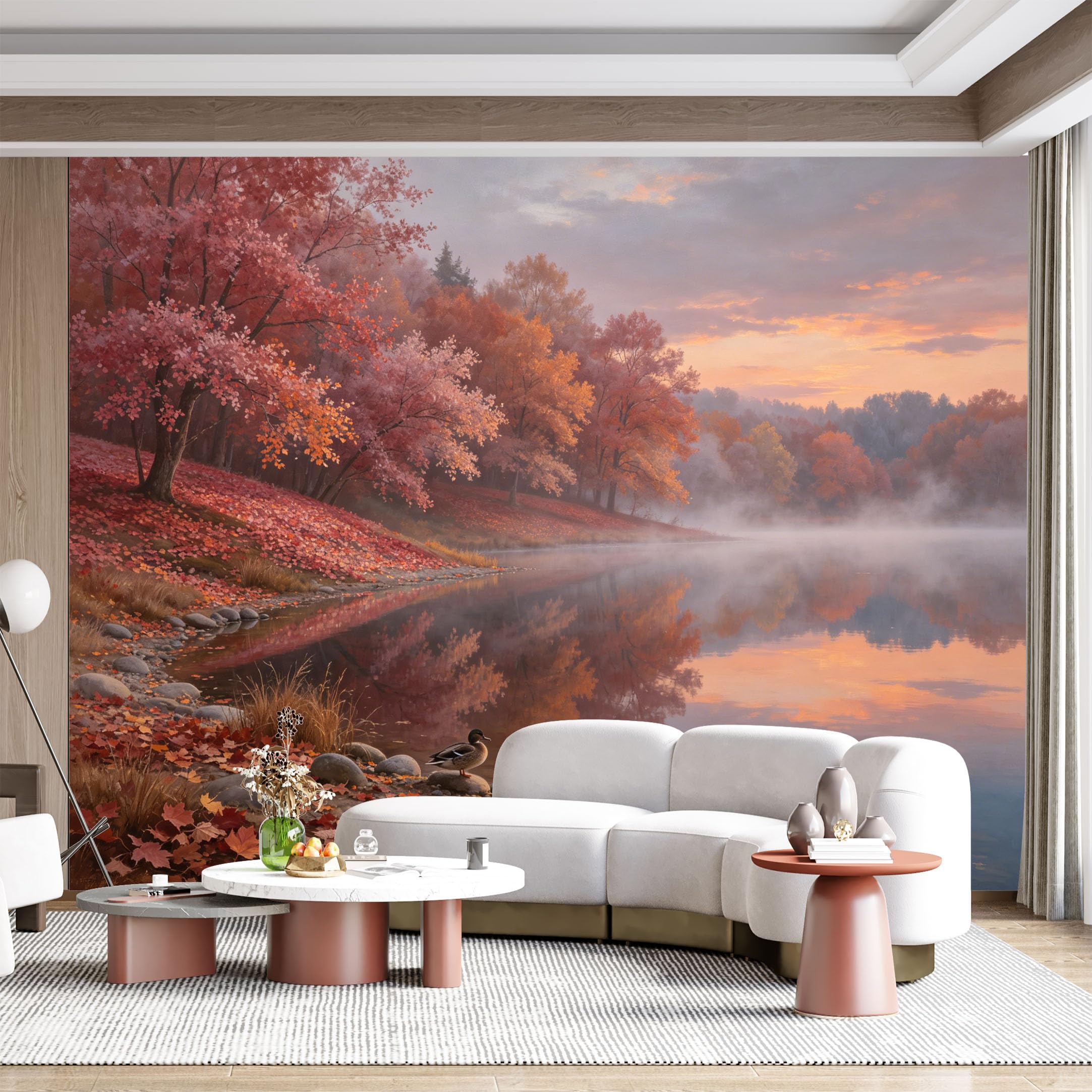 Custom Size Wall Mural Autumn Lake Misty Morning Ducks Tranquil Seascape Watercolor Effect SelfAdhesive Wall Fabric Removable for Home Office Decor