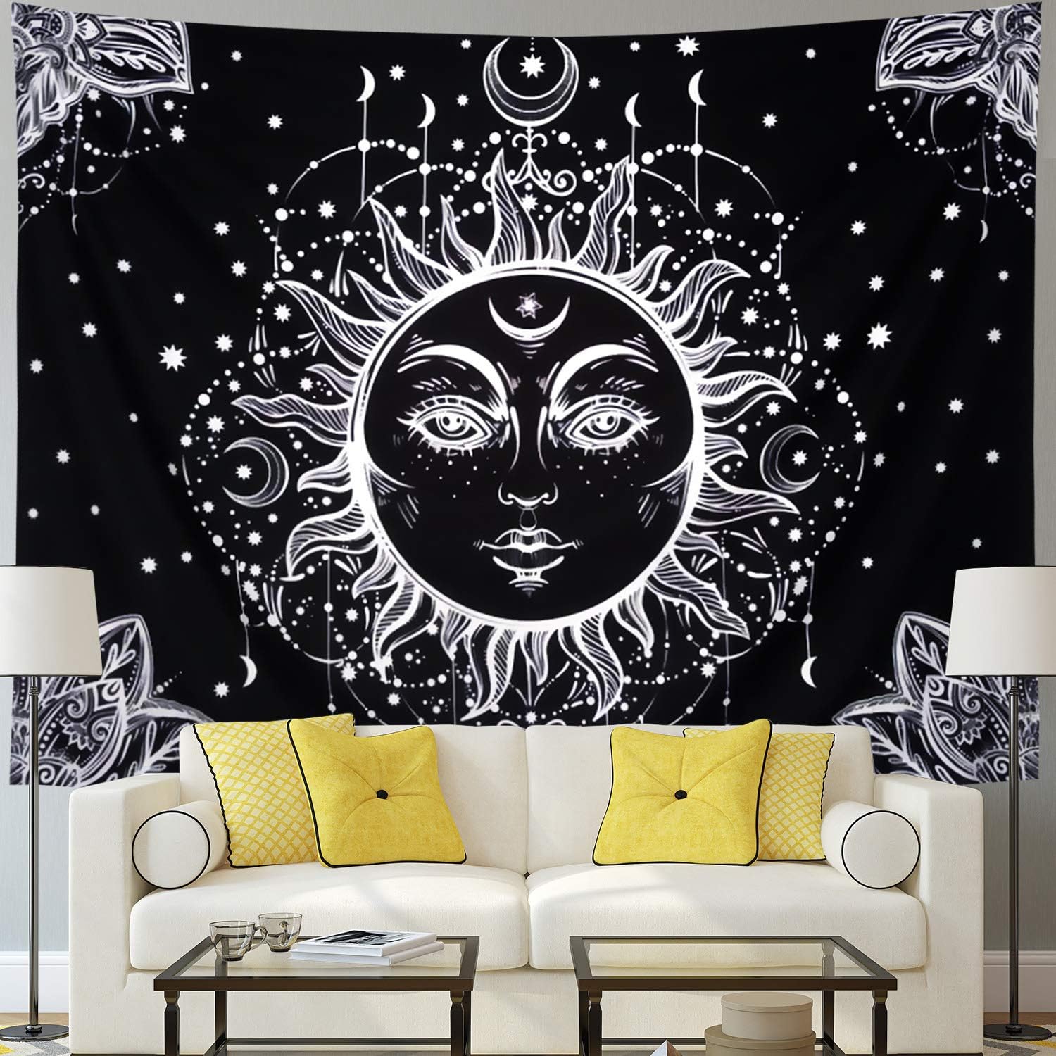 Racunbula Sun and Moon Tapestry Burning Sun with Star Tapestry Psychedelic Black and White Mystic Wall Tapestry for Bedroom