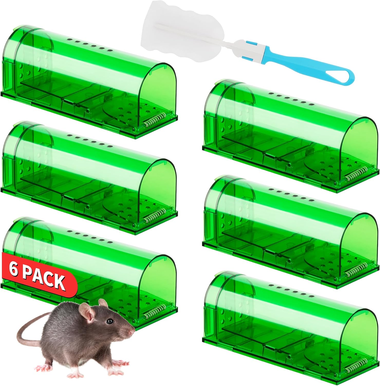 LULUCATCH Humane Mouse Traps 6 Pack, No Touch Catch and Release Live No Kill Rodent Traps, Reusable with Cleaning Brush, Pet & Kid Safe Indoor Outdoor Pest Control for Mice Rats Chipmunks Voles