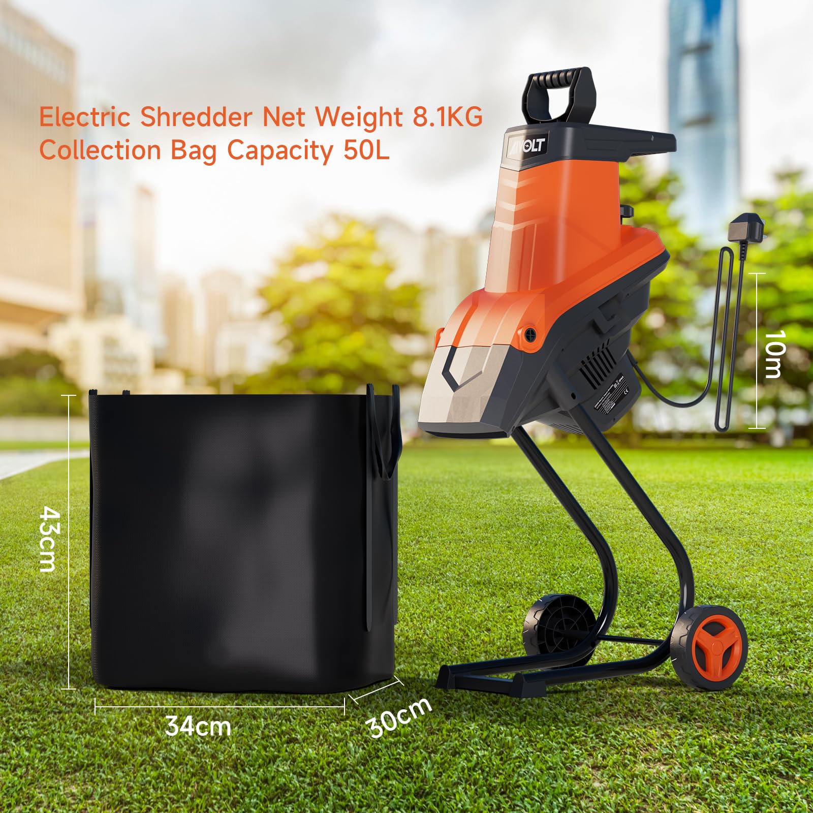AIVOLT Trituradora de jardín de 2500 W, trituradora eléctrica de madera, trituradora de hasta 45 mm, velocidad de 3600 rpm, cable de alimentación de 10 m, cuchillas de acero reversibles con bolsa de