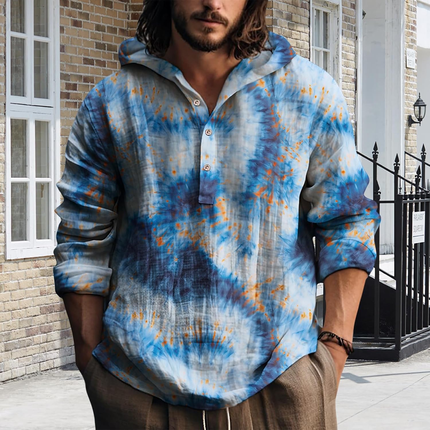 Mens Hooded Tie Dye Button Up Shirt Long Sleeve Casual Pullover Top Relaxed Fit Beach Vacation Streetwear - Image 5