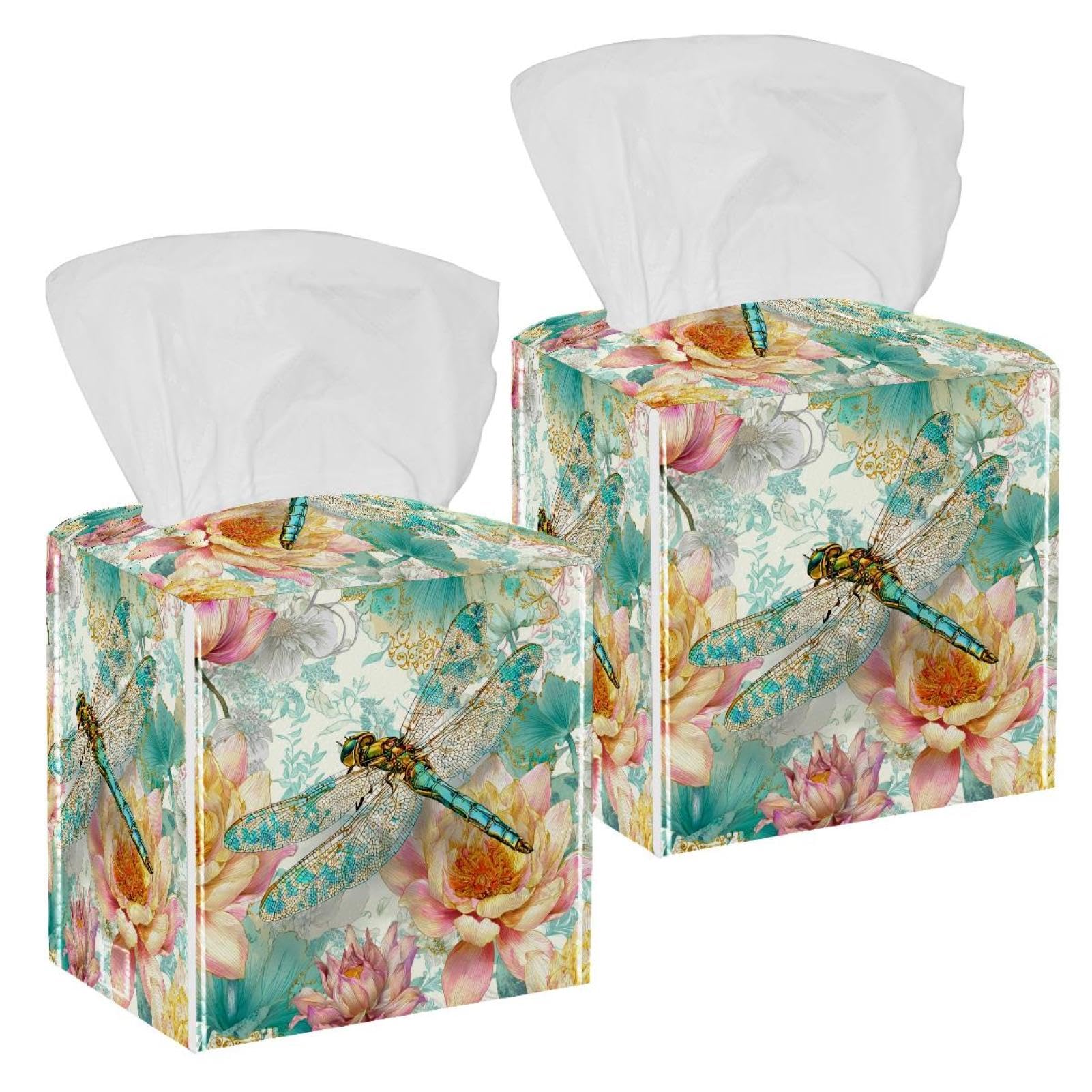 Dragonfly Tissue Box Cover, 2 Pack PU Leather Square Facial Tissue Dispenser Box holder for Home Office Car