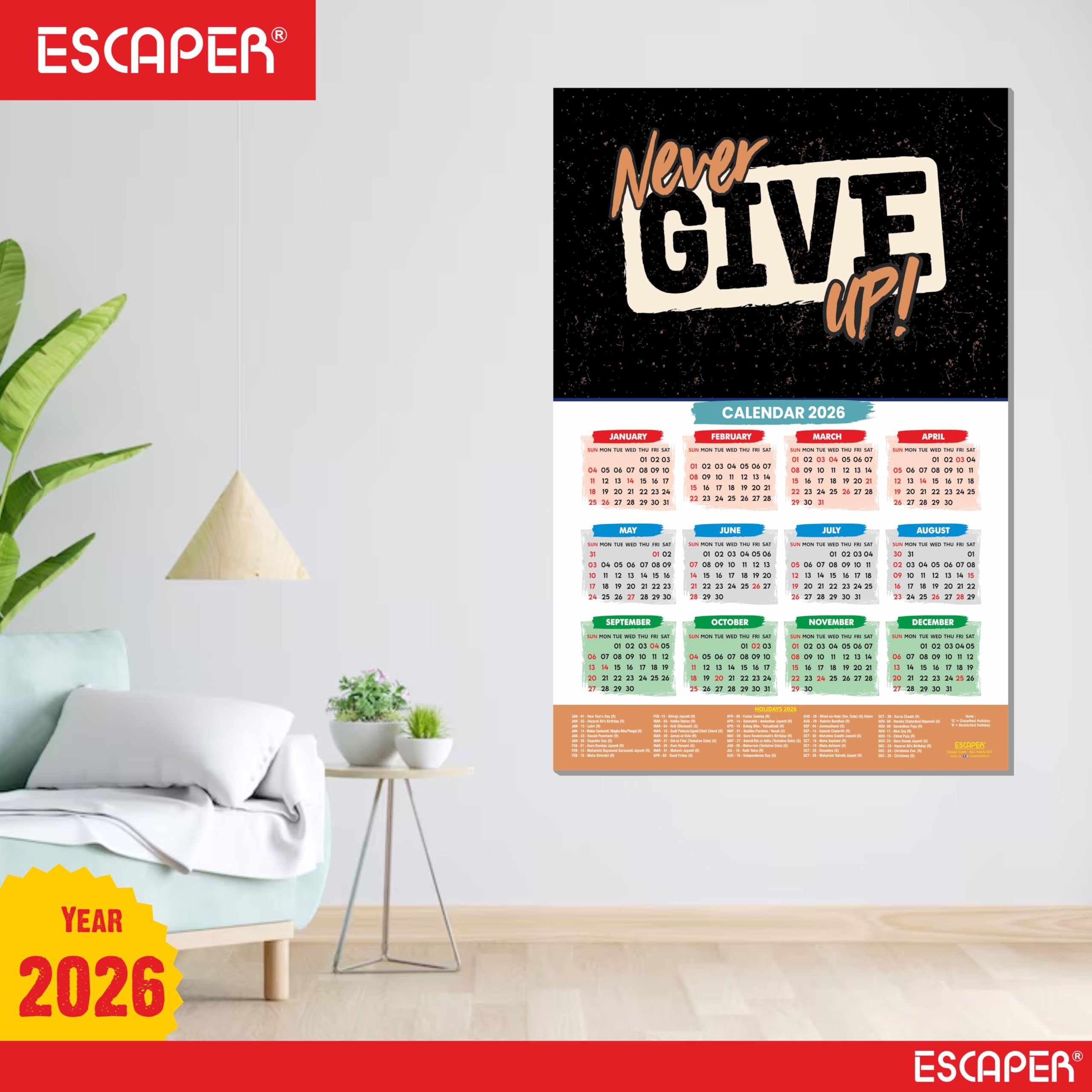ESCAPER Calendario motivacional de pared de Año Nuevo 2026 - 45 x 30 cm, papel laminado de 300 g/m² con parte trasera autoadhesiva, calendario de citas inspiradoras para estudiantes, decoración del