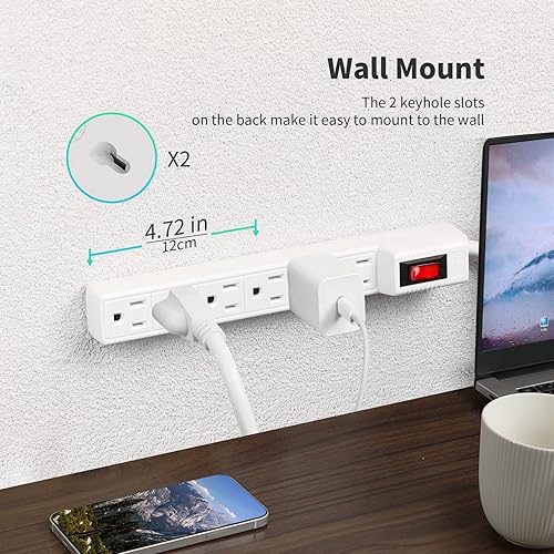 Miniatura 5 de Paquete de 2 protectores de sobretensiones con 6 tomas de corriente y cable de extensión de 2 pies, 1875 W15 A, 90 julios, protección contra