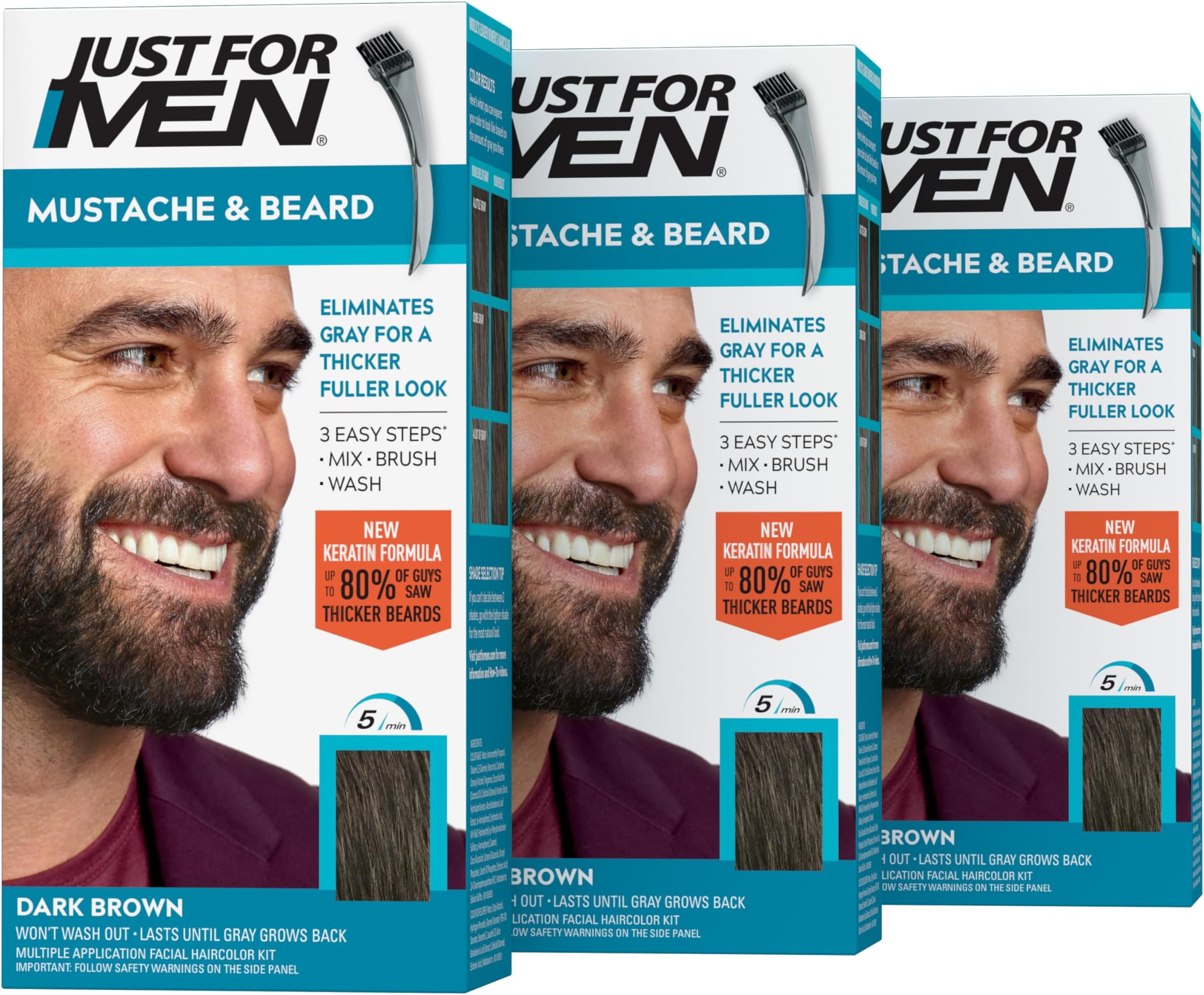 Mustache & Beard, Beard Coloring for Gray Hair with Brush Included - Color: Dark Brown, M-45 (Pack of 3)