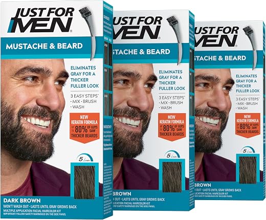 Just For Men Mustache &amp; Beard, Beard Coloring for Gray Hair with Brush Included - Color: Dark Brown, M-45 (Pack of 3)