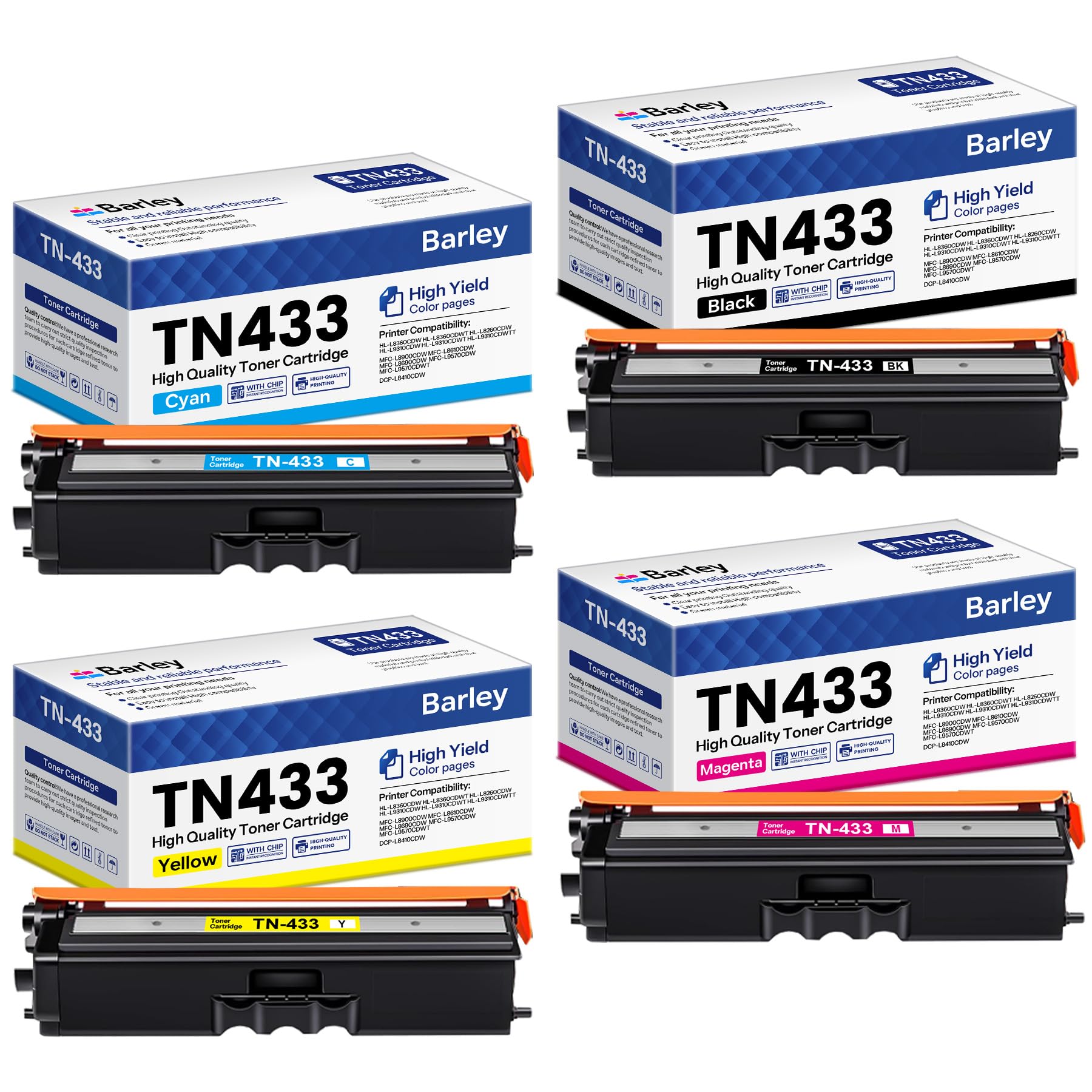 Photo 1 of TN433 TN-433 Toner Cartridge 4-Pack High Yield Compatible TN433BK TN433C TN433M TN433Y Replacement for Brother TN433 TN-433 433 MFC-L8900CDW HL-L8360CDW Printer.