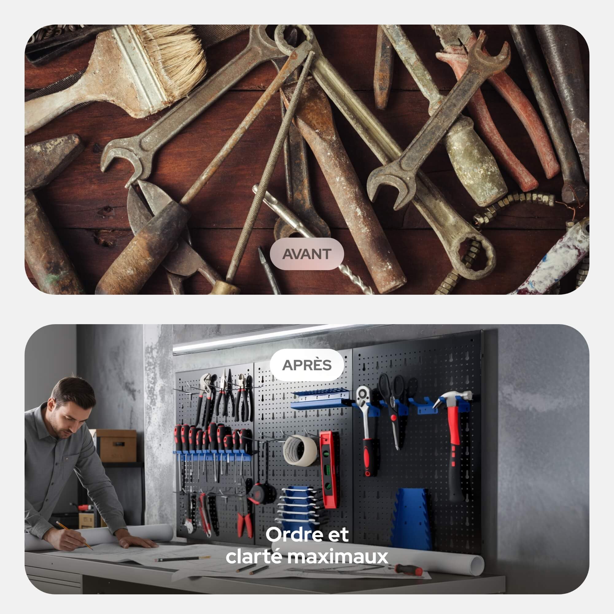 Arebos Paroi à outils en trois parties | Jeu de 17 crochets bleu | 117,6 x 59,5 x 2 cm | Paroi à outils perforée en métal + supports + matériel de montage