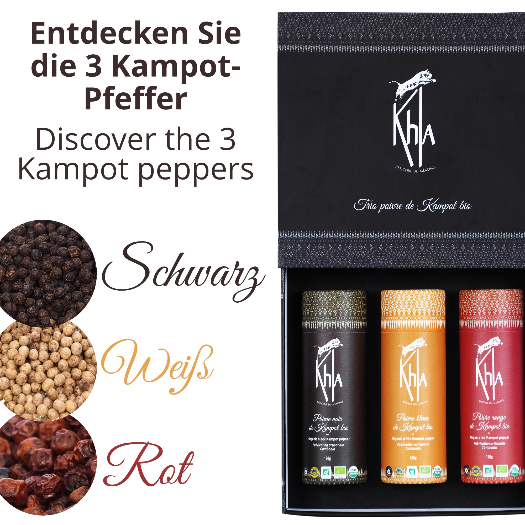 Khla - 3er Kampot Pfeffer Geschenkset - Schwarzer, Weißer, Roter Kampot Pfefferkörner Set - 3 x 120g - Gourmet Gewürzset - Geschenkidee für Männer und Frauen - Weihnachten, Geburtstag - Aus Kambodscha