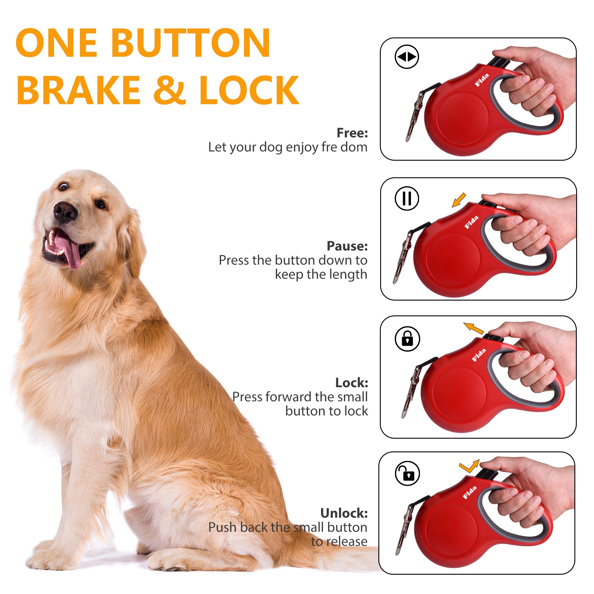 Fida Laisse rétractable pour chien de petite race jusqu'à 11,8 kg, 4,9 m avec distributeur et sacs à déjection, poignée antidérapante, ruban en nylon réfléchissant, frein à une main (S, rouge)