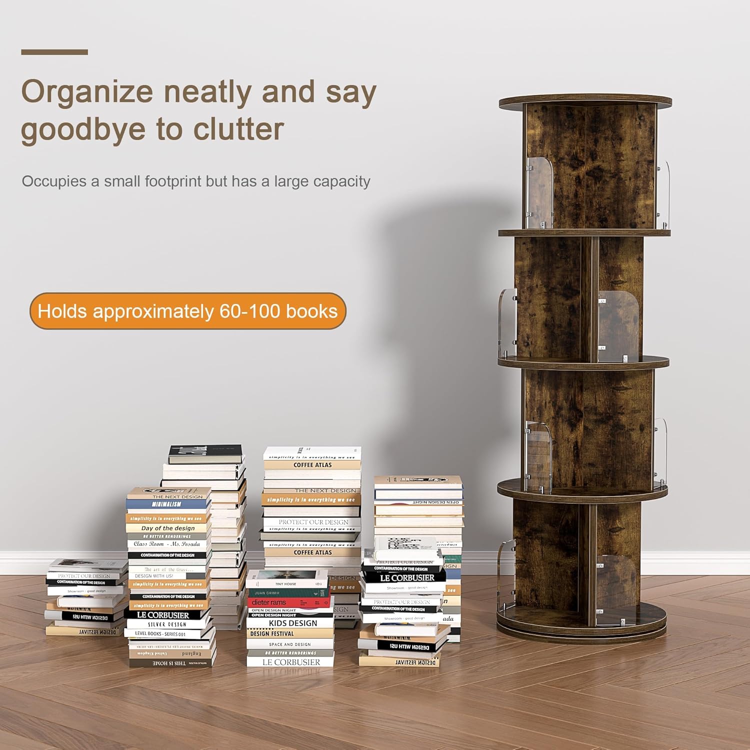 VECELO Rotating Bookshelf Tower, 360°Revolving Bookcase, Round Book Shelf Rotating, Stackable Storage Display Rack Floor Standing, Corner Bookshelf for Home Office, Brown
