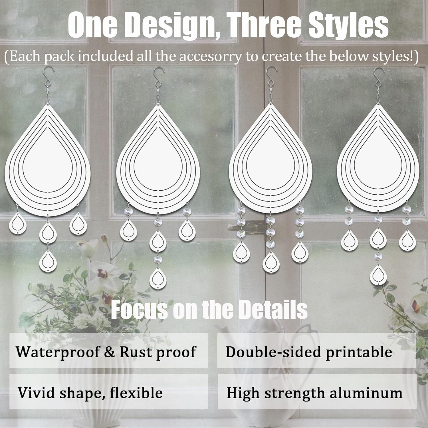 4Pack 8inch Sublimation Wind Spinner Blanks 3D Aluminum Metal Wind Sculpture Kinetic Spinners for Yard and Garden Indoor Art Ornaments Hanging Decoration (Waterdrop Pendant)