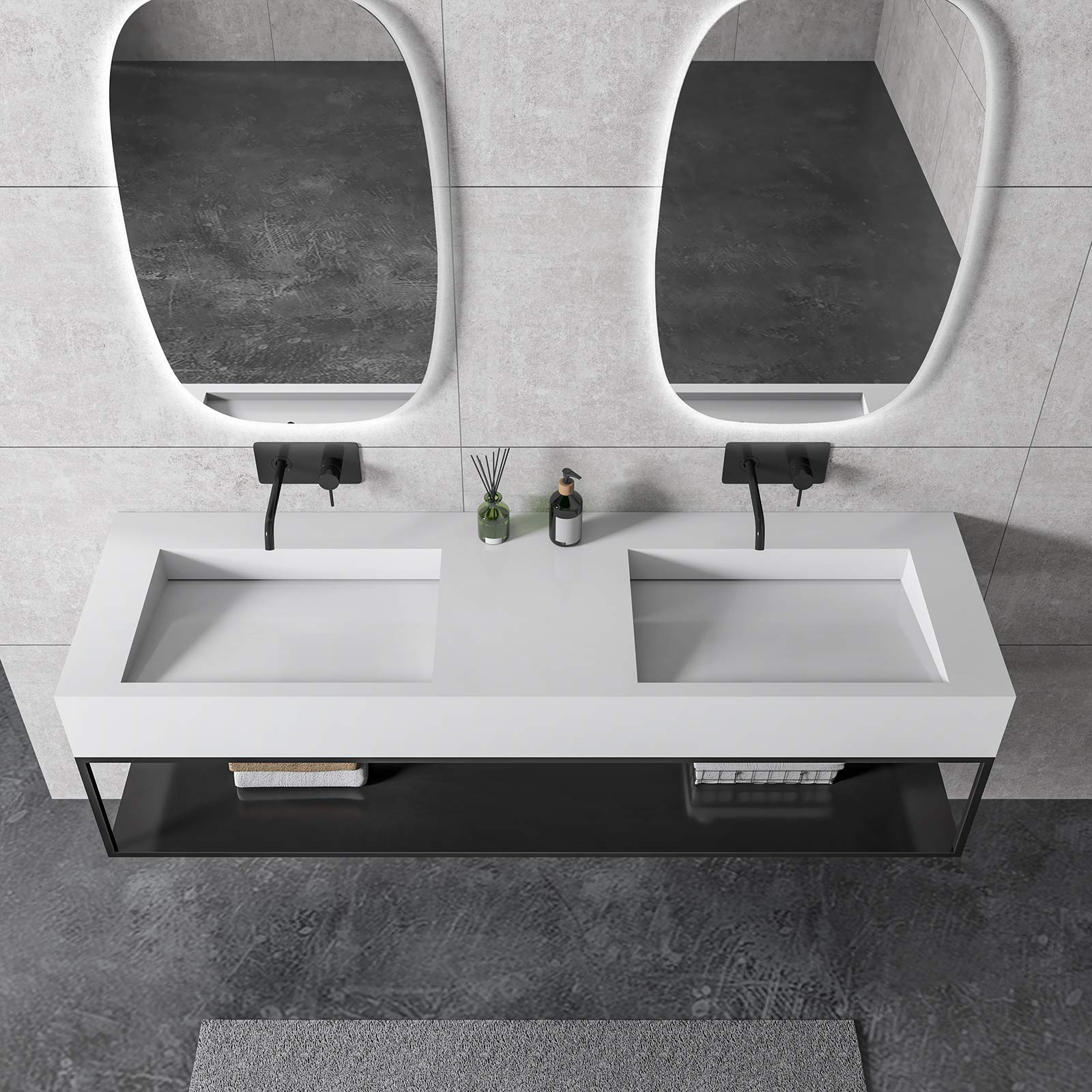 Double vasque à poser ou a suspendre TWG16, en solid surface - 153x45x15cm - couleur en option, Couleur:Blanc mat