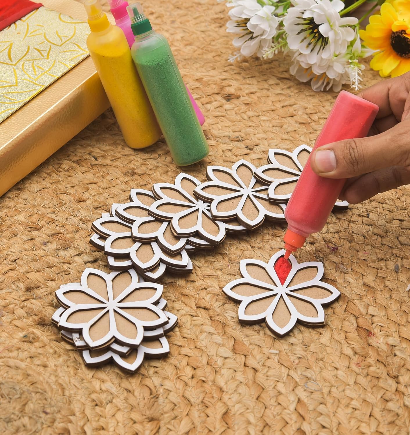 Haoser Pack of 12 Wooden Diwali Craft Cutouts – 2.7mm Pine MDF Swastik, Lotus, Feet & Diya Shapes for DIY Painting, Home Temple Wall Hanging, Festive Wedding Decoration & Rangoli Borders (3x3 Inch) (Flower)