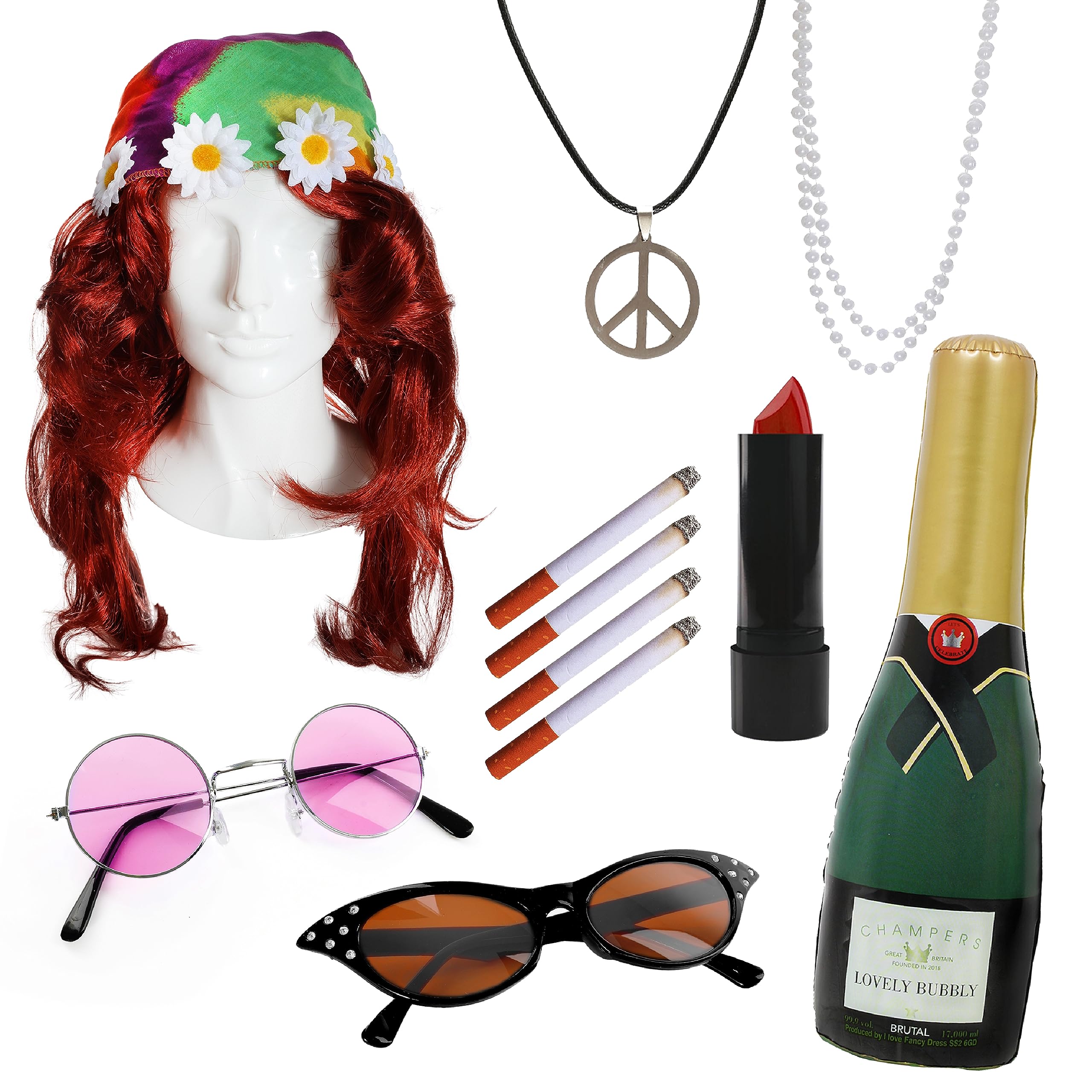 Adults Fabulous Ladies Duo Accessory Set - X2 Glasses, Auburn Wig, X2 Necklace, 2 Fake Cigarettes X2, Head Scarf, Red Lipstick and Inflatable Champagne Bottle - Perfect for Tv Comedy Duo Fancy Dress