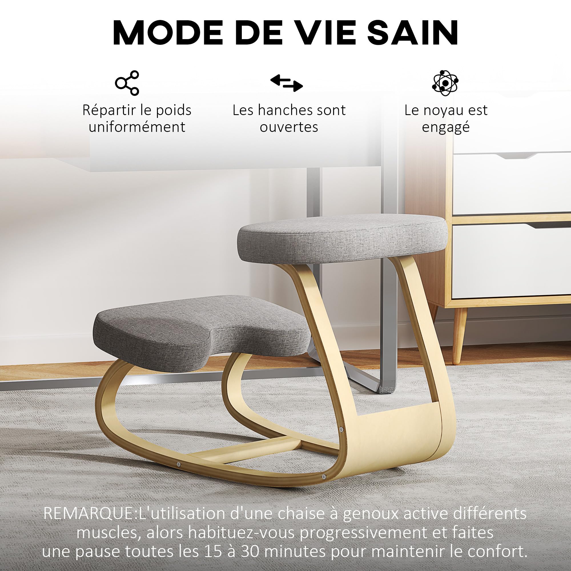 HOMCOM Siège Assis Genoux, siège Ergonomique en Bois à Bascule, Chaise à Genoux pour Bureau à Domicile, améliorer la Posture, maux de Dos, Gris